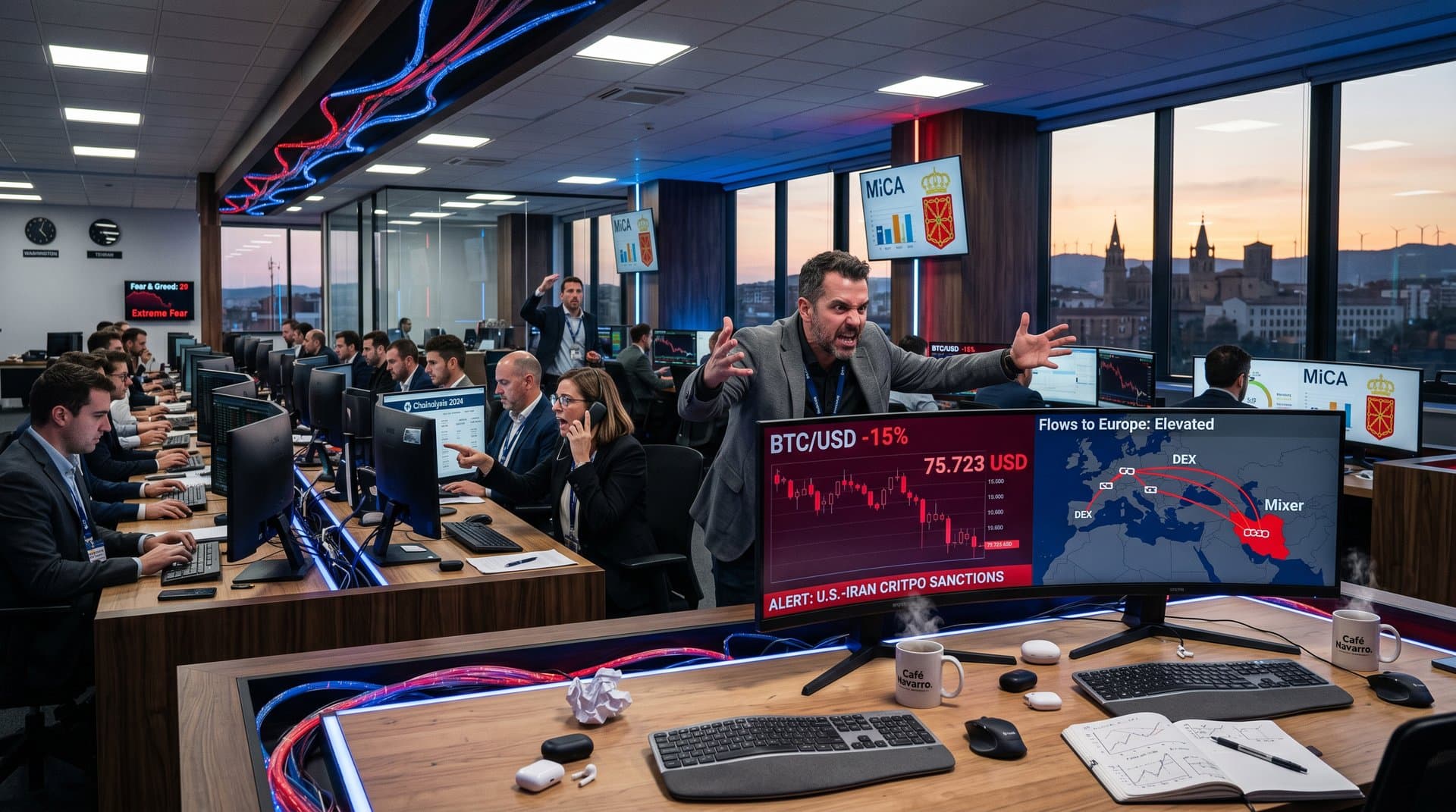 Gráficos cripto en rojo con alertas sanciones en sala trading europea bajo MiCA