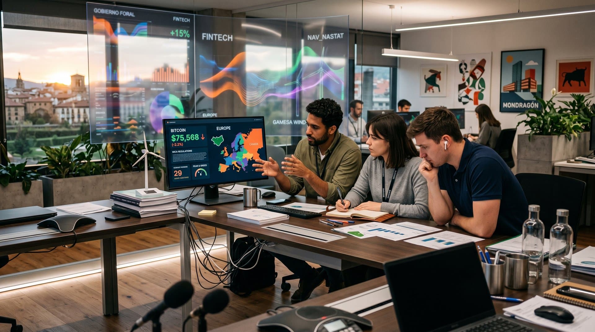 Oficina fintech Pamplona con gráficos crypto MiCA, datos Eustat Nastat en pantallas modernas