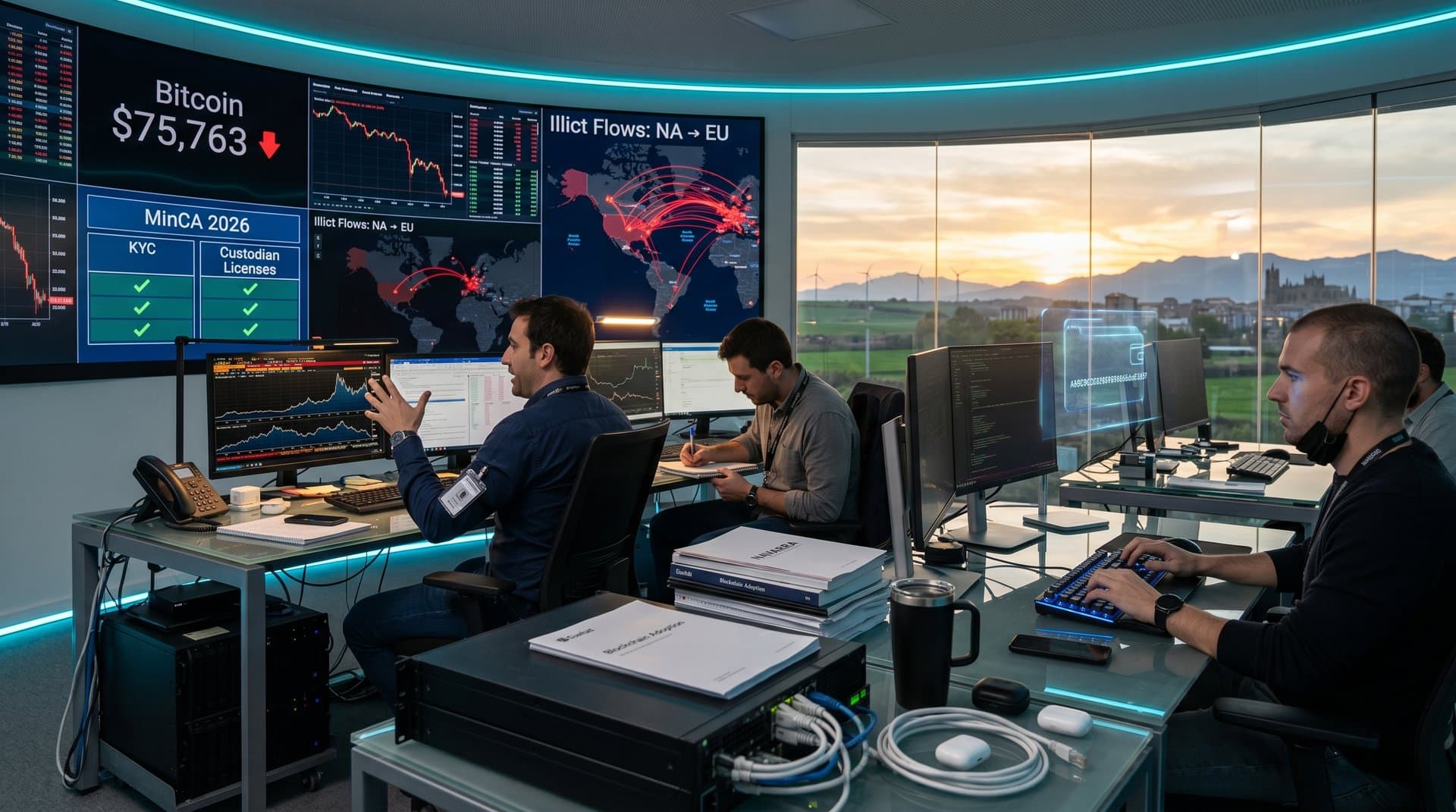 Sala high-tech en Parque Tecnológico Pamplona con gráficos crypto rojos, MiCA y blockchain Navarra