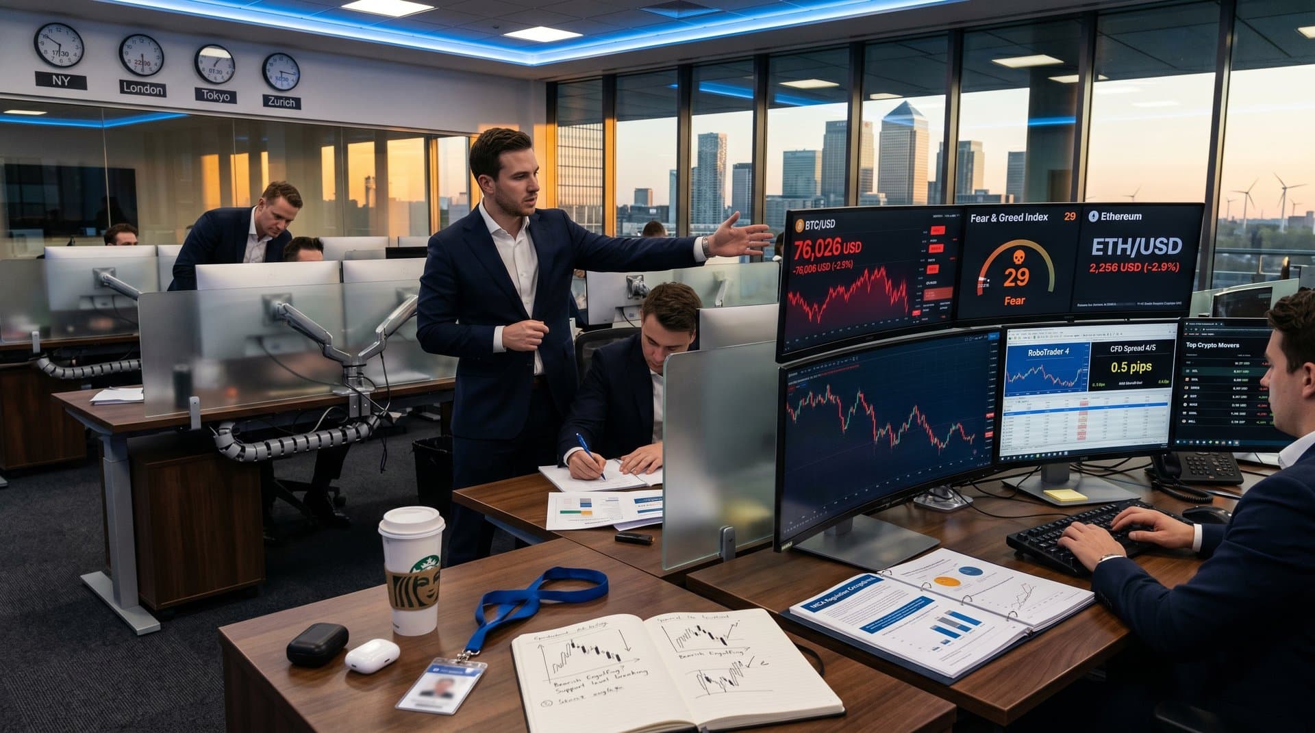 Traders revisando gráficos crypto en terminales Bloomberg y TradingView en sala de trading moderna con múltiples monitores y luz natural