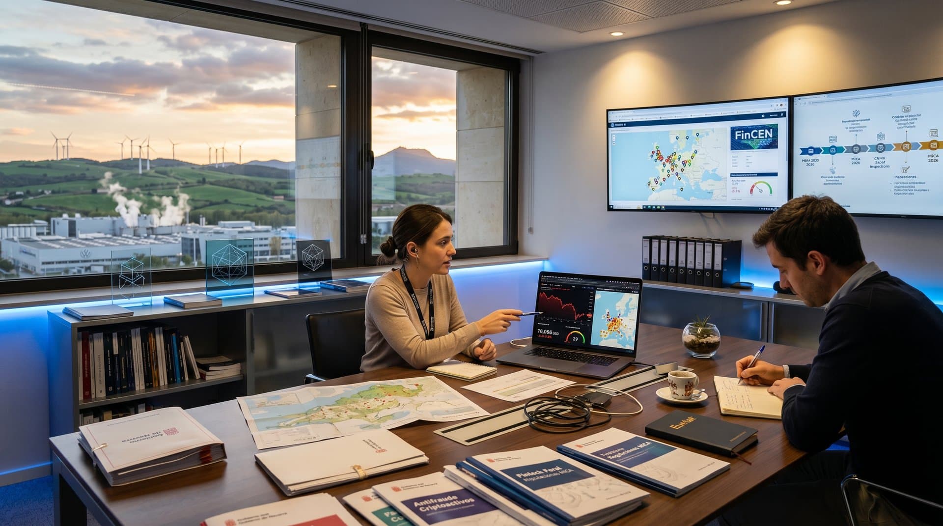 Analistas en oficina Gobierno Navarra revisan gráficos crypto, MiCA y mapas ATMs con turbinas eólicas al fondo