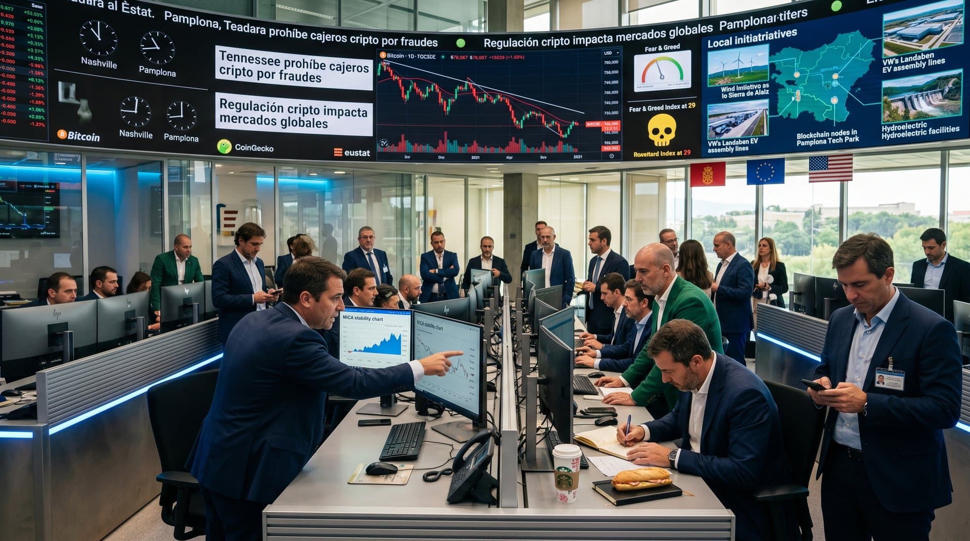 Sala de trading con gráficos de BTC cayendo por regulación cripto Tennessee y mapa economía Navarra