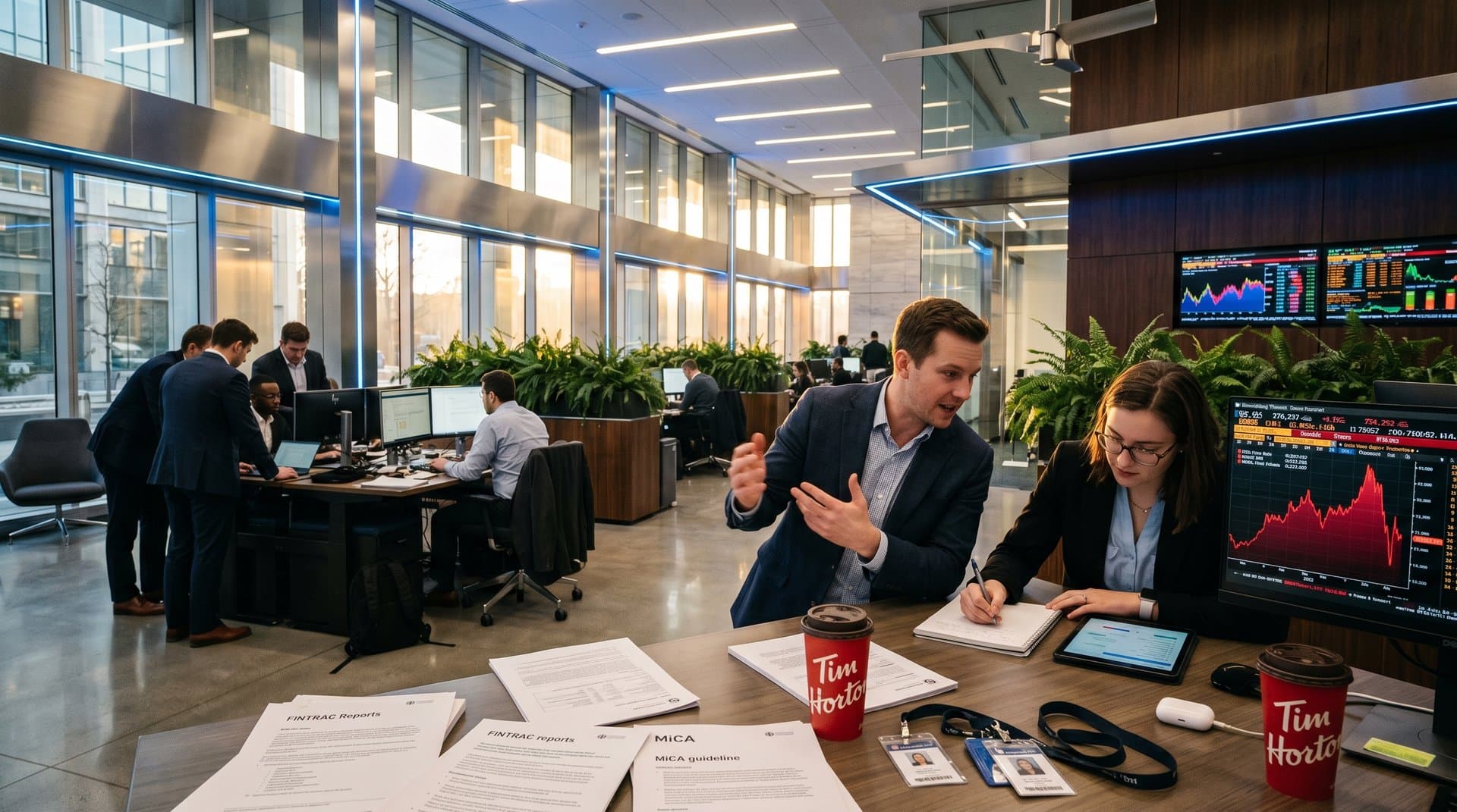 Lobby Banco Canadá con terminales Bloomberg, gráficos cripto rojos y documentos FINTRAC