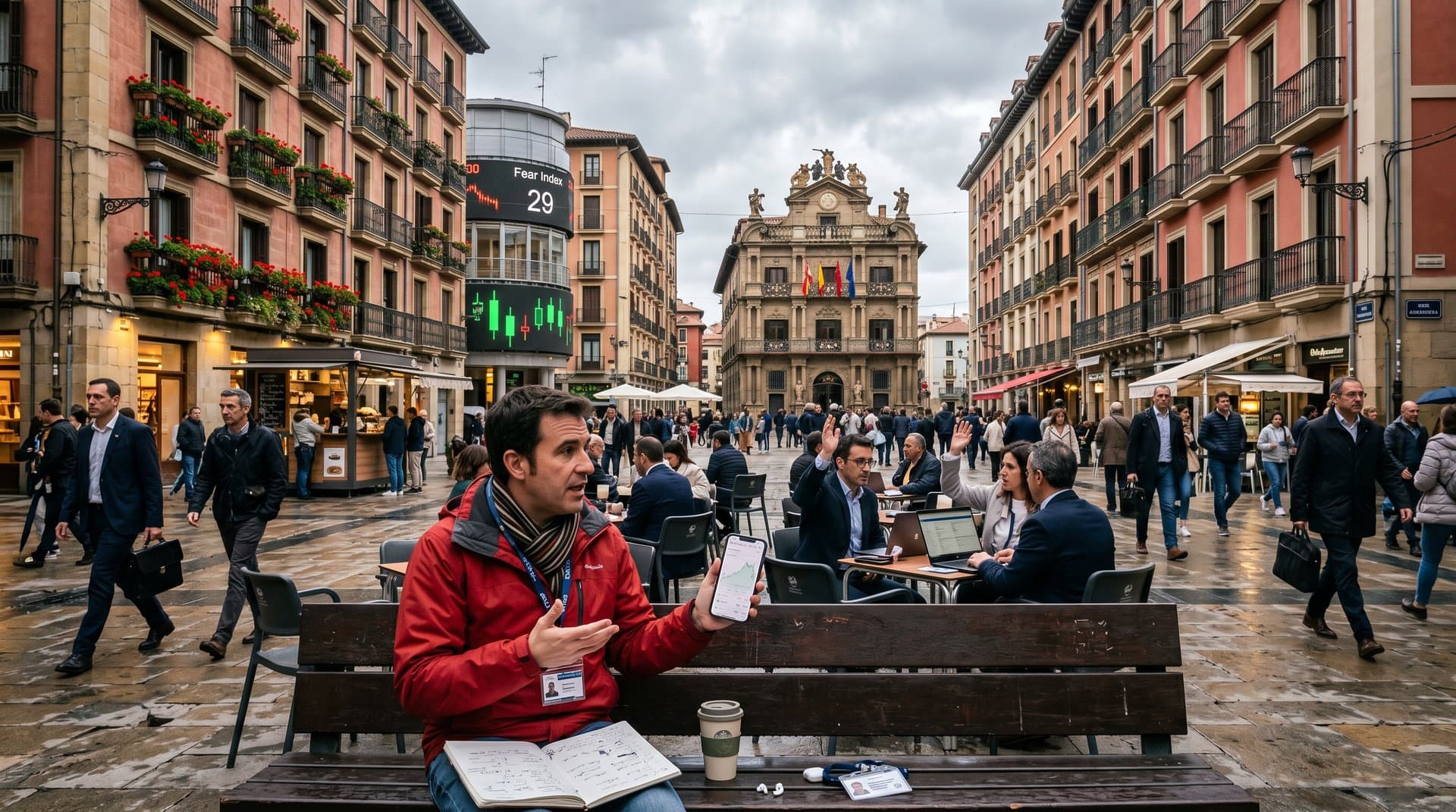 Profesionales navarros revisan cripto en Plaza del Castillo Pamplona, con laptops MiCA, gráficos BTC y ayuntamiento foral bajo cielo regional