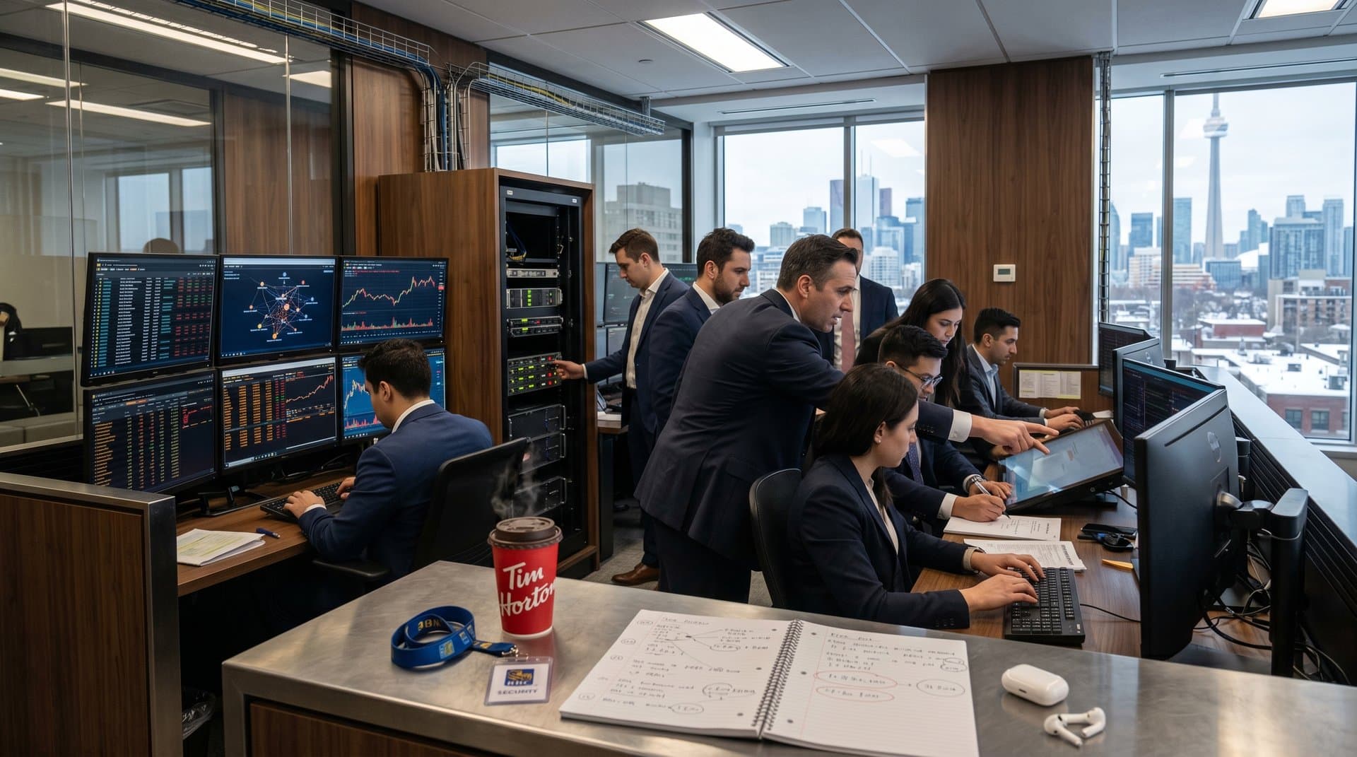Sala high-tech con monitores de transacciones AML, gráficos cripto y skyline canadiense