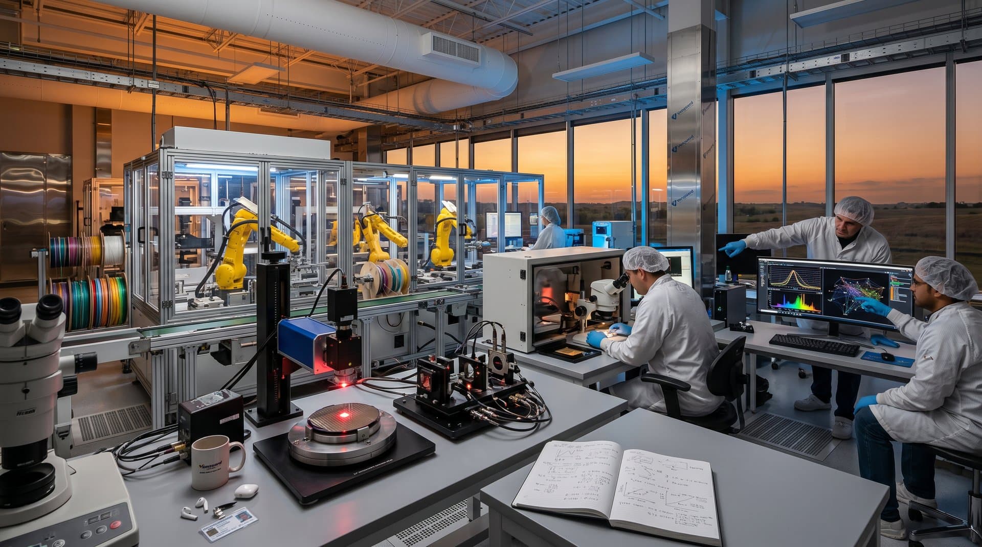 Planta optoelectrónica high-tech con robots y pantallas de datos en ambiente estéril