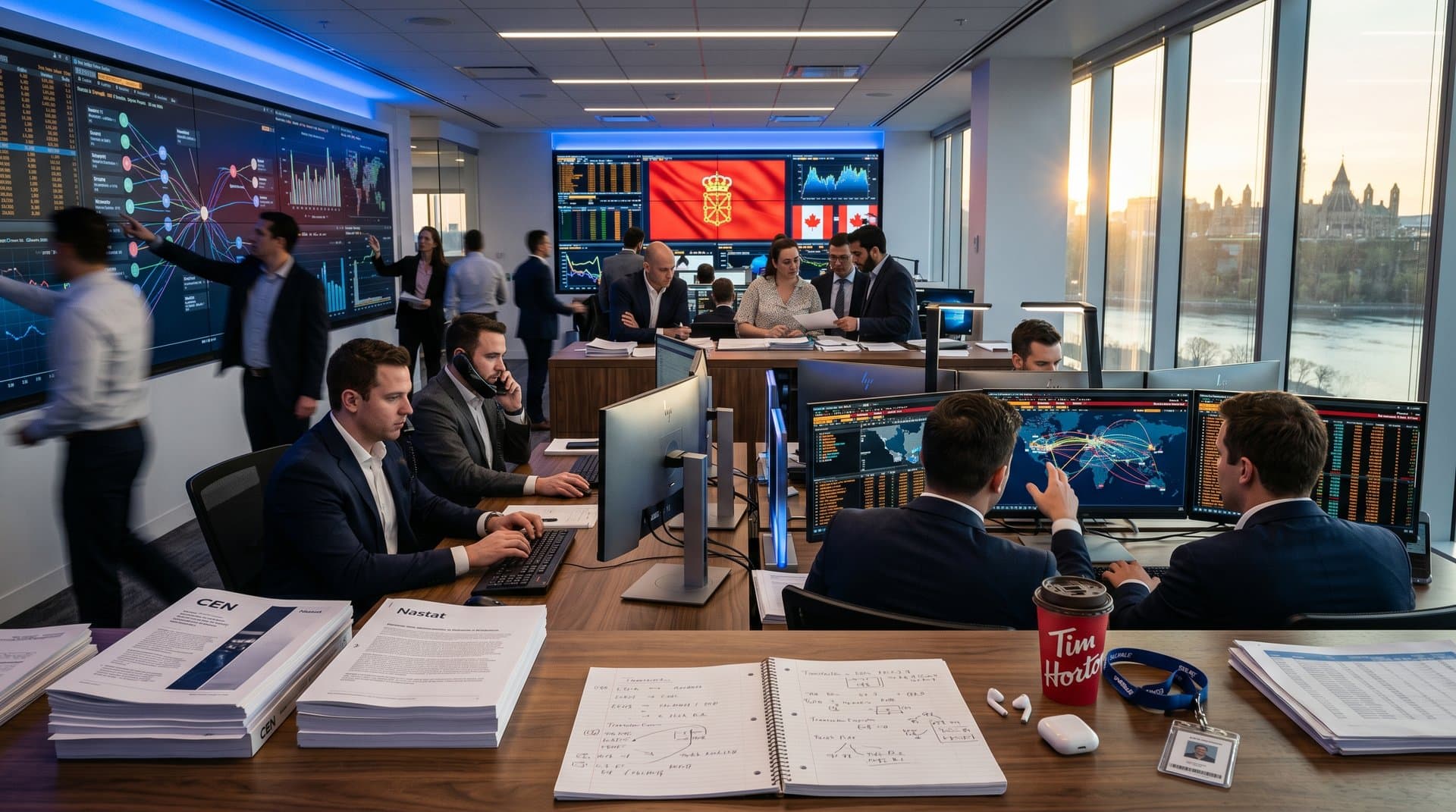 Analistas revisan transacciones en sala de inteligencia financiera moderna con terminales Bloomberg y gráficos AML en Ottawa