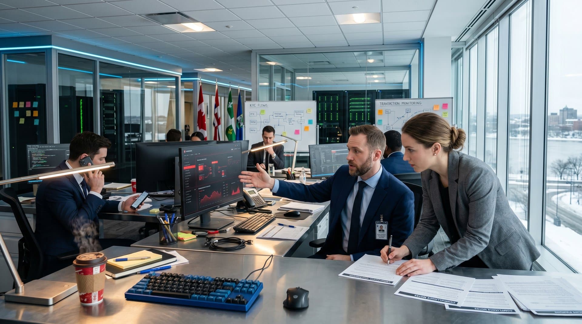 Centro de cumplimiento financiero en Ottawa con gráficos blockchain y alertas AML en monitores modernos