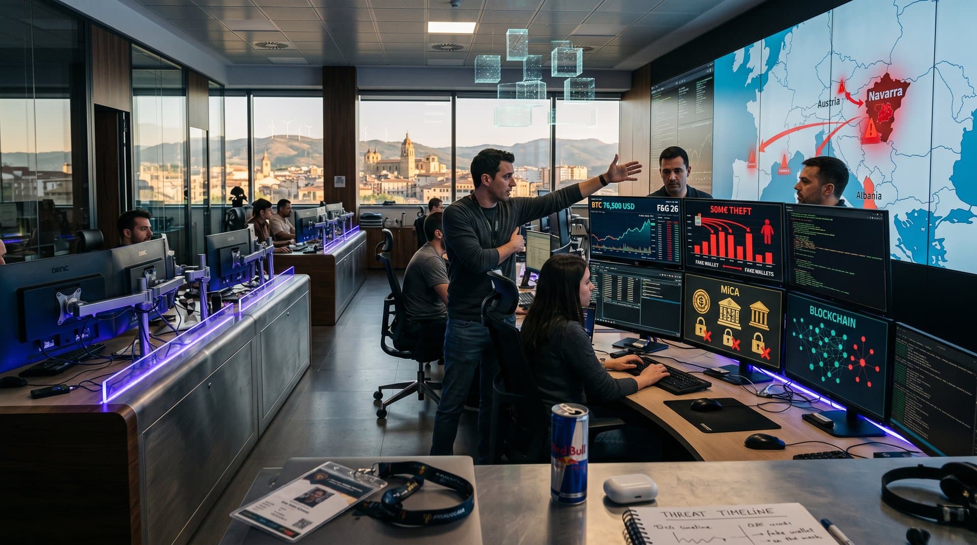 Sala cibernética high-tech con mapas blockchain Europa, alertas fraude 50M€ y gráficos MiCA