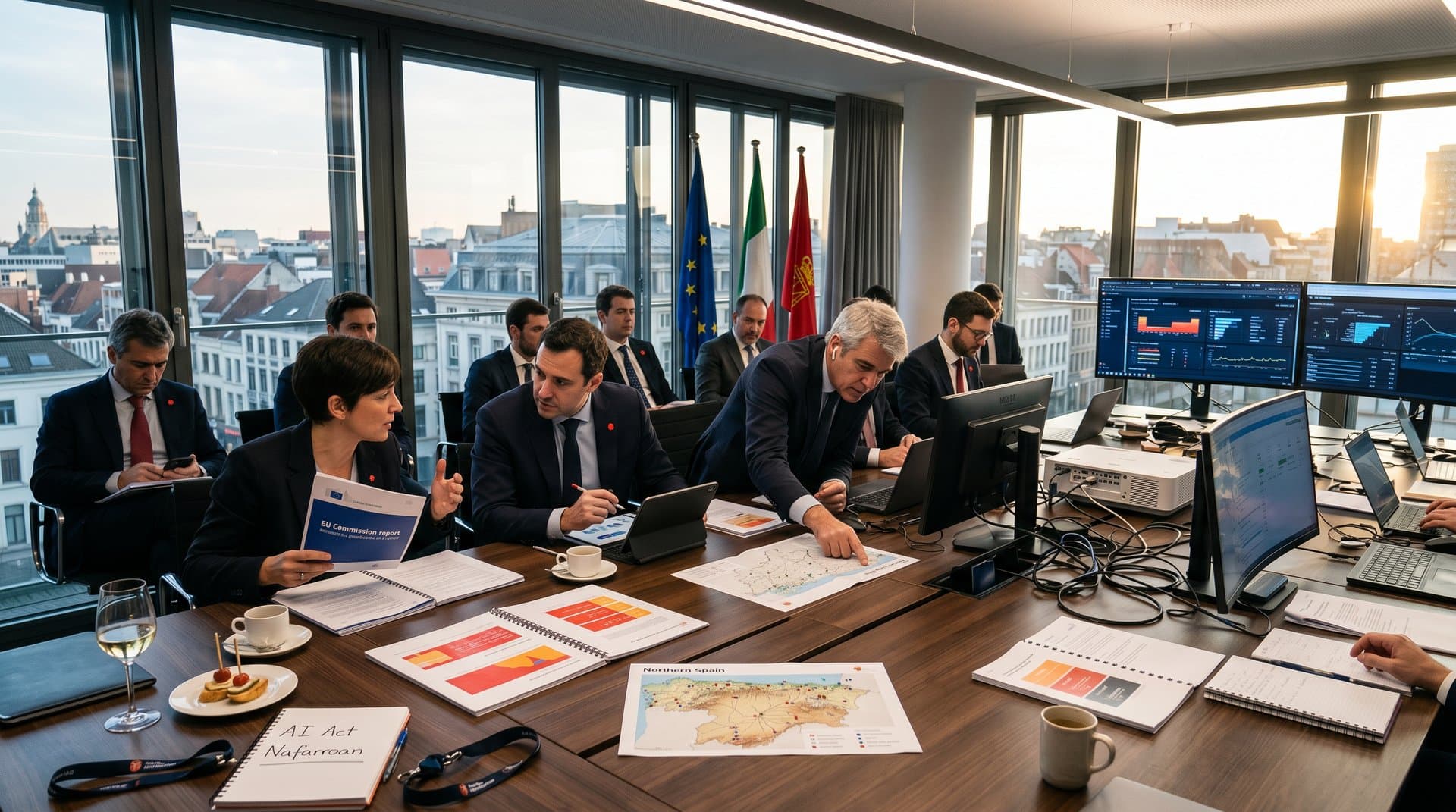 Diagramas AI Act regulaciones IA UE Navarra en sala Bruselas con mapas VW renovables