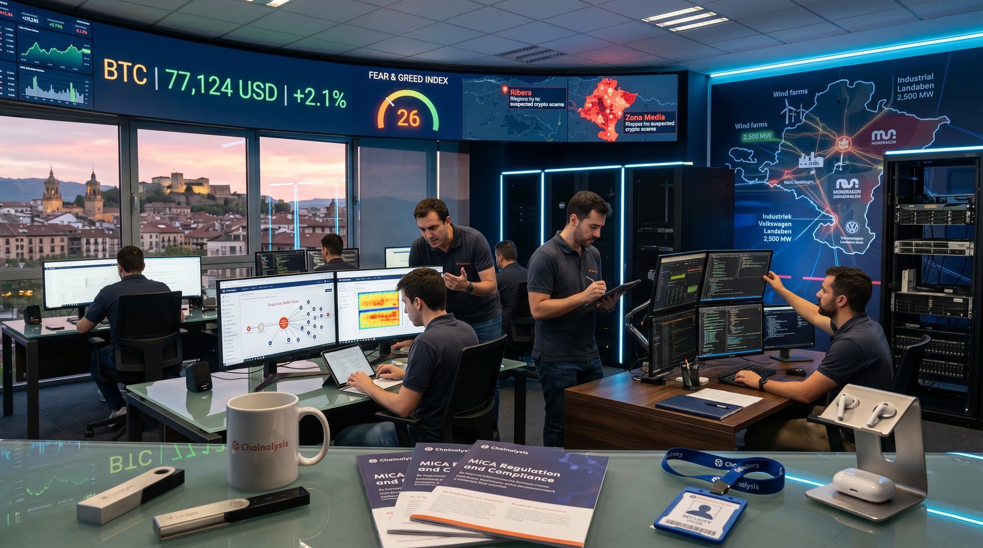 Centro ciberseguridad Pamplona con gráficos blockchain y alertas estafas crypto en Navarra