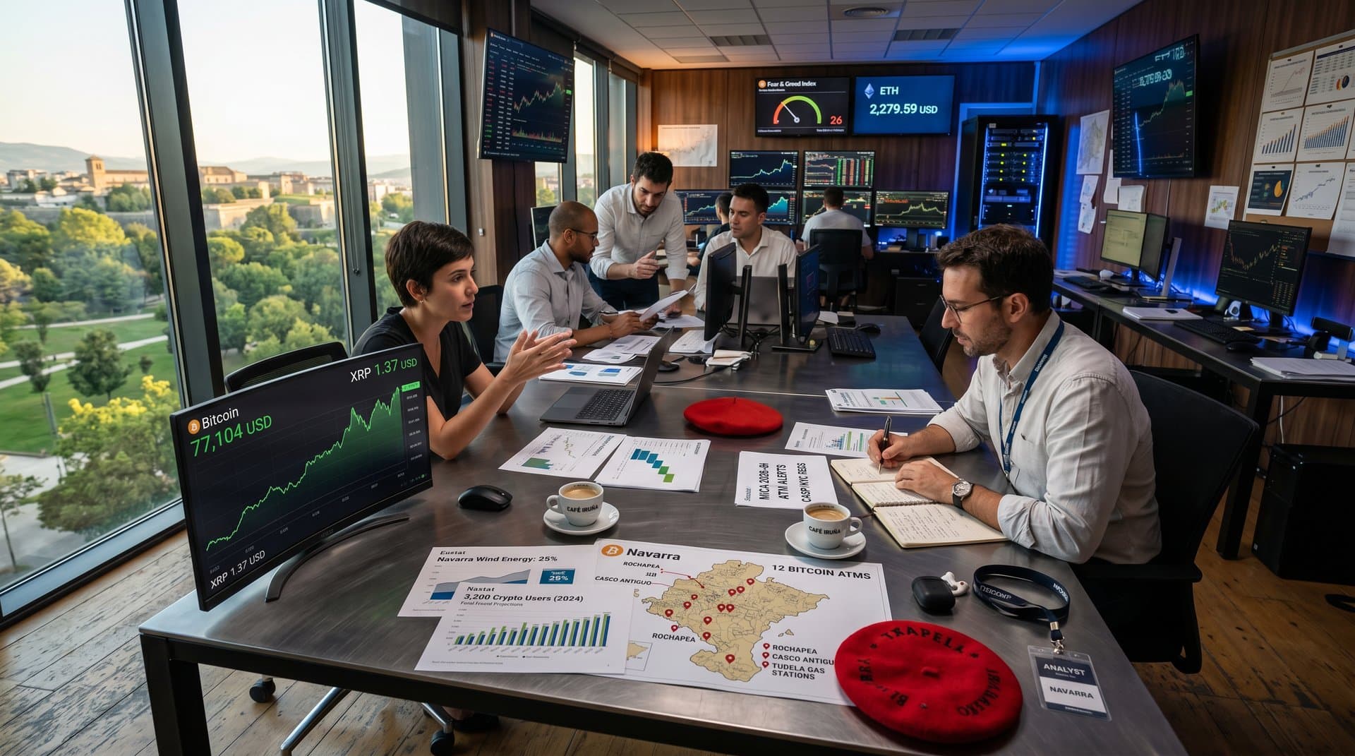 Oficina fintech Pamplona con gráficos Bitcoin 77K USD, MiCA noticias y mapa cajeros Navarra en monitores