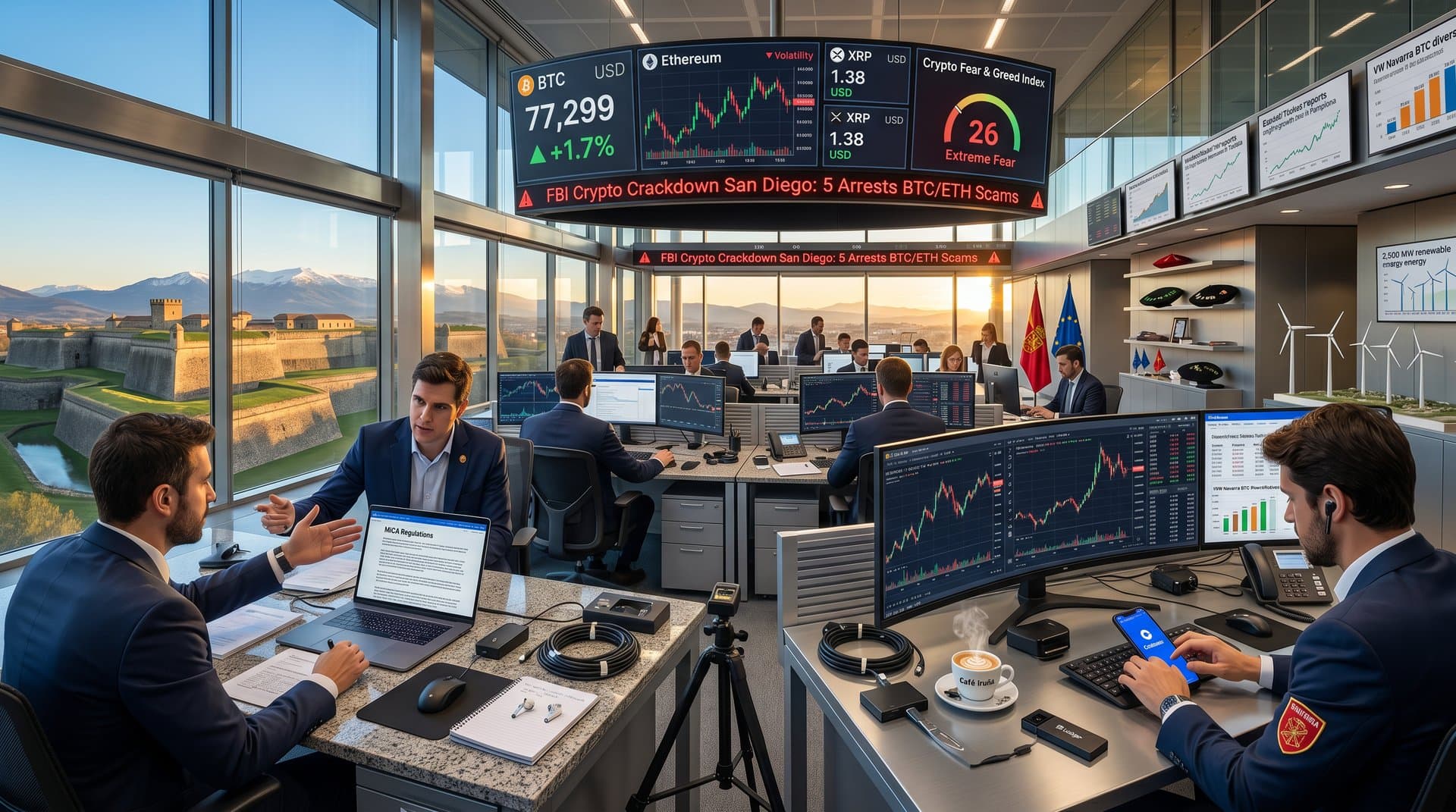 Sala trading Pamplona con BTC 77.299 USD, crackdown FBI cripto San Diego y Fear & Greed 26 en contexto navarro