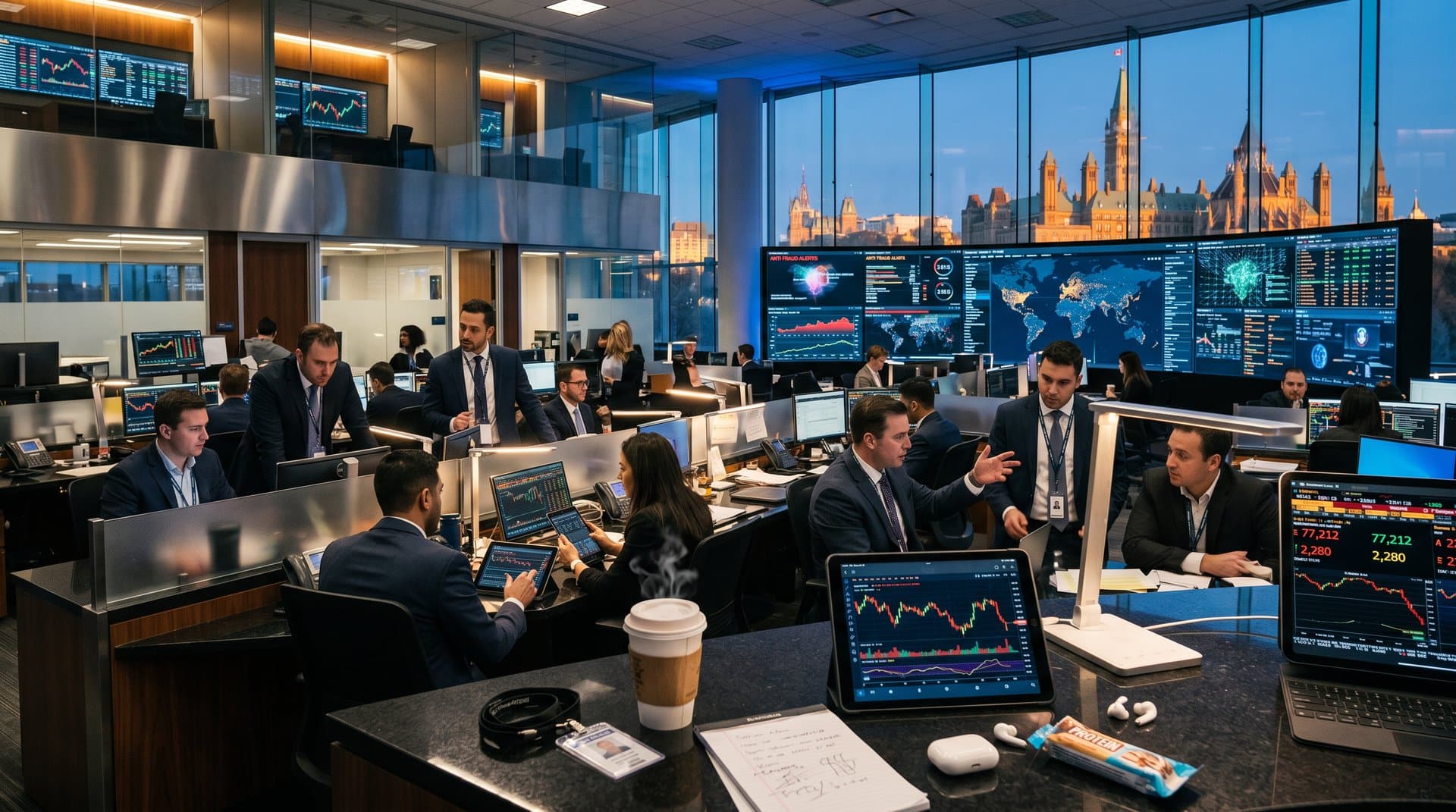 Oficinas high-tech del Banco de Canadá con gráficos cripto en terminales Bloomberg y vistas al Parlamento