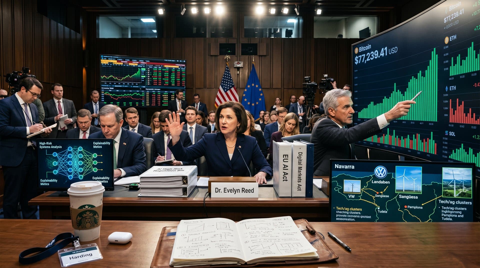 Audiencia Senado EEUU sobre regulación IA con pantallas redes neuronales, gráficos BTC y mapas Navarra industrial