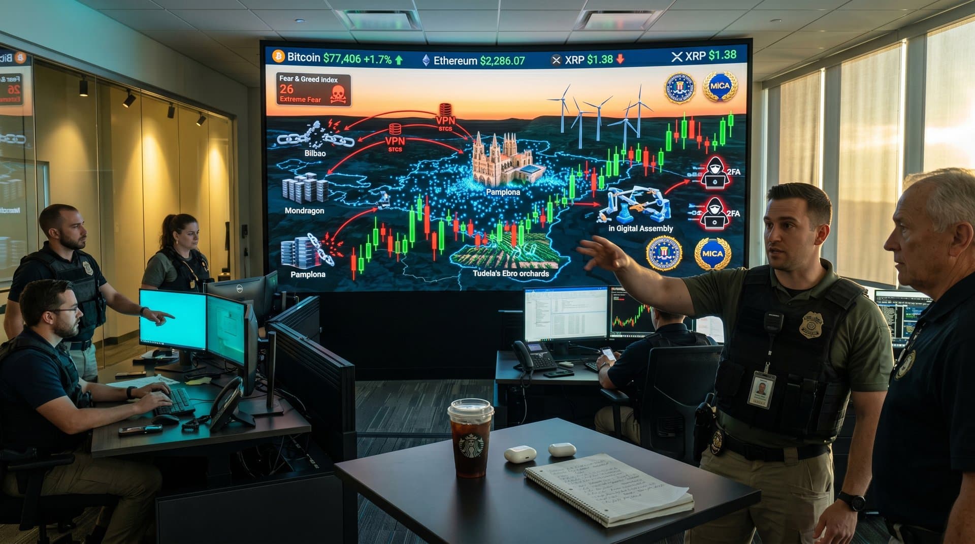 Alerta FBI San Diego estafa cripto con mapa Navarra, BTC 77.406 USD y Fear & Greed 26