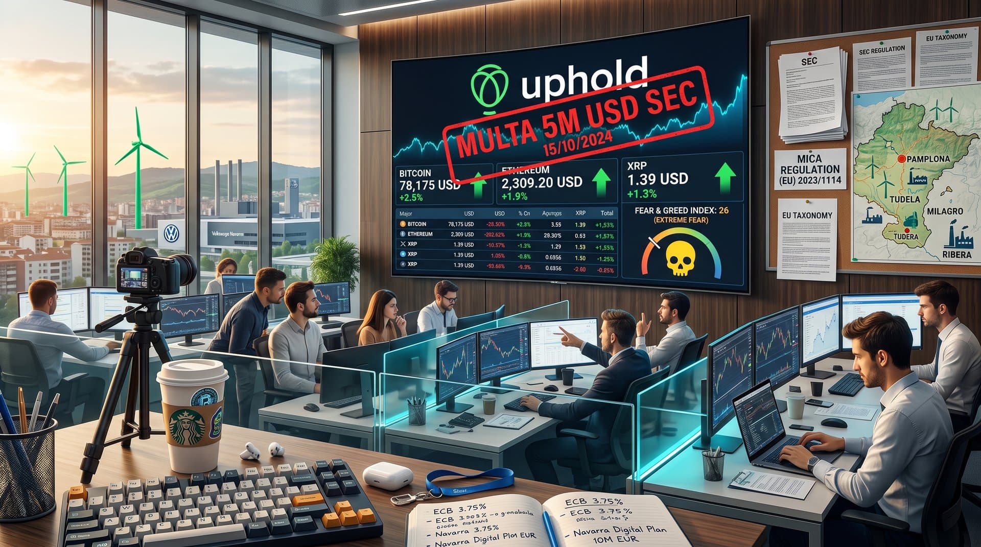 Gráficos cripto Uphold multa 5M USD Fear & Greed 26 en hub tecnológico navarro renovables