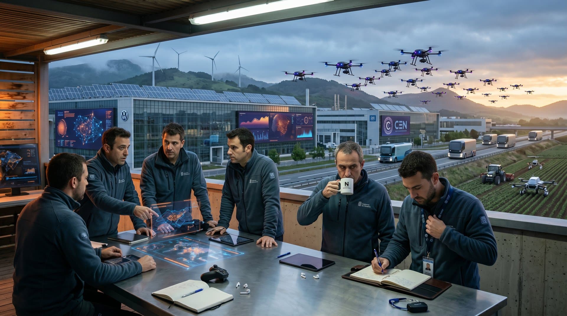 Clúster tech en Sarriguren Navarra con drones IA, paneles solares y visualizaciones blockchain en estilo high-tech