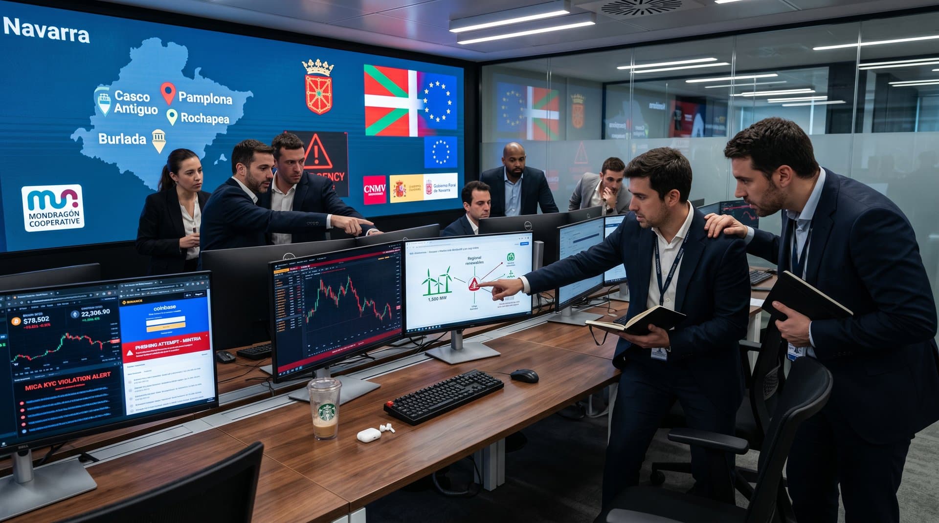 Alerta de estafa cripto en oficina fintech navarra con gráficos BTC y regulaciones MiCA