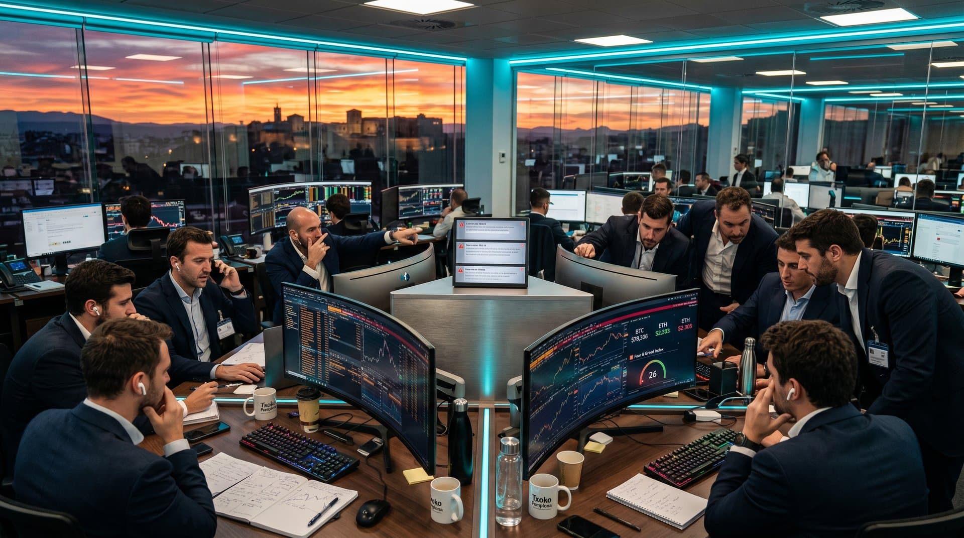Gráficos cripto con BTC a 78k y Fear Index 26 en sala trading navarra moderna