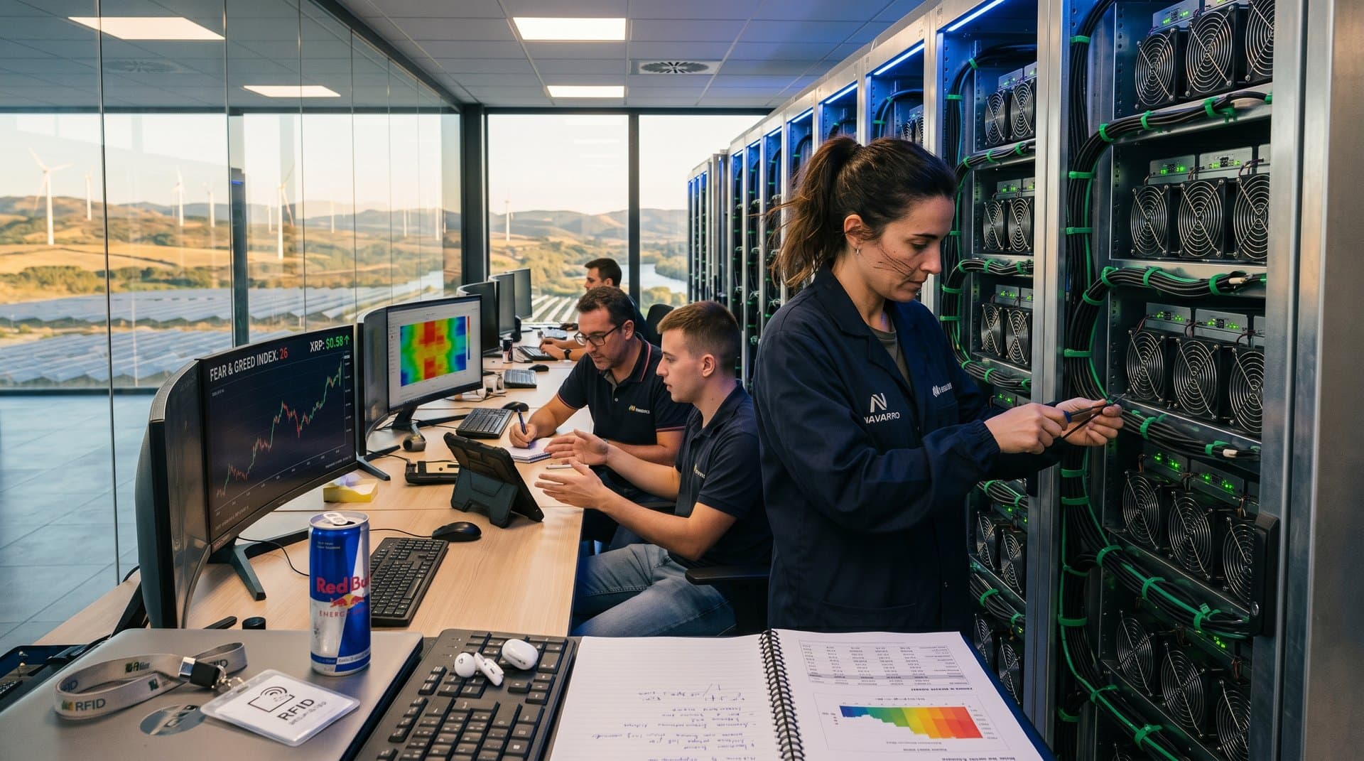 Técnicos en centro datos navarro ajustan rigs minería crypto con vistas a turbinas eólicas renovables