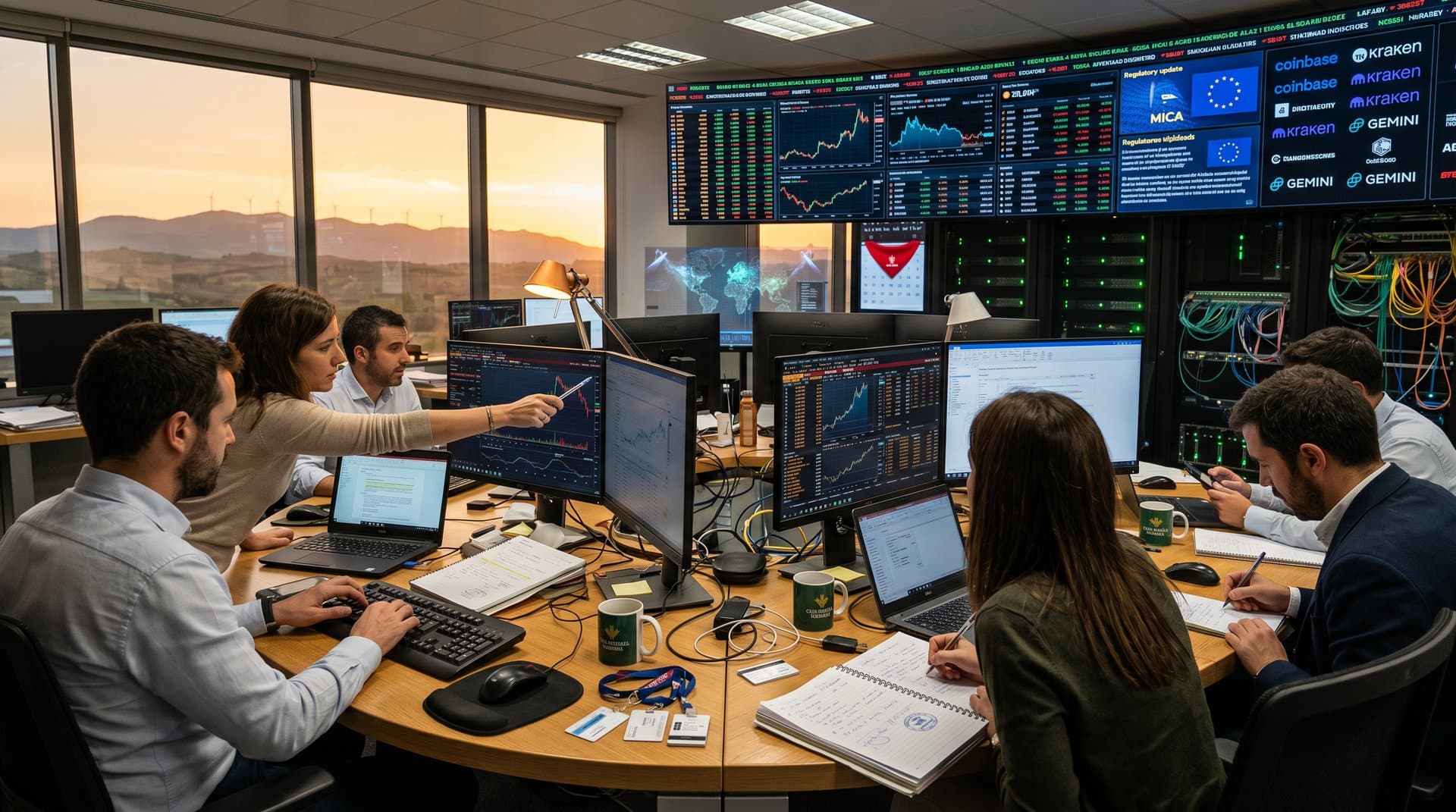 Traders navarros en centro Pamplona analizan charts crypto BTC 78k y MiCA en pantallas con vistas eólicas regionales