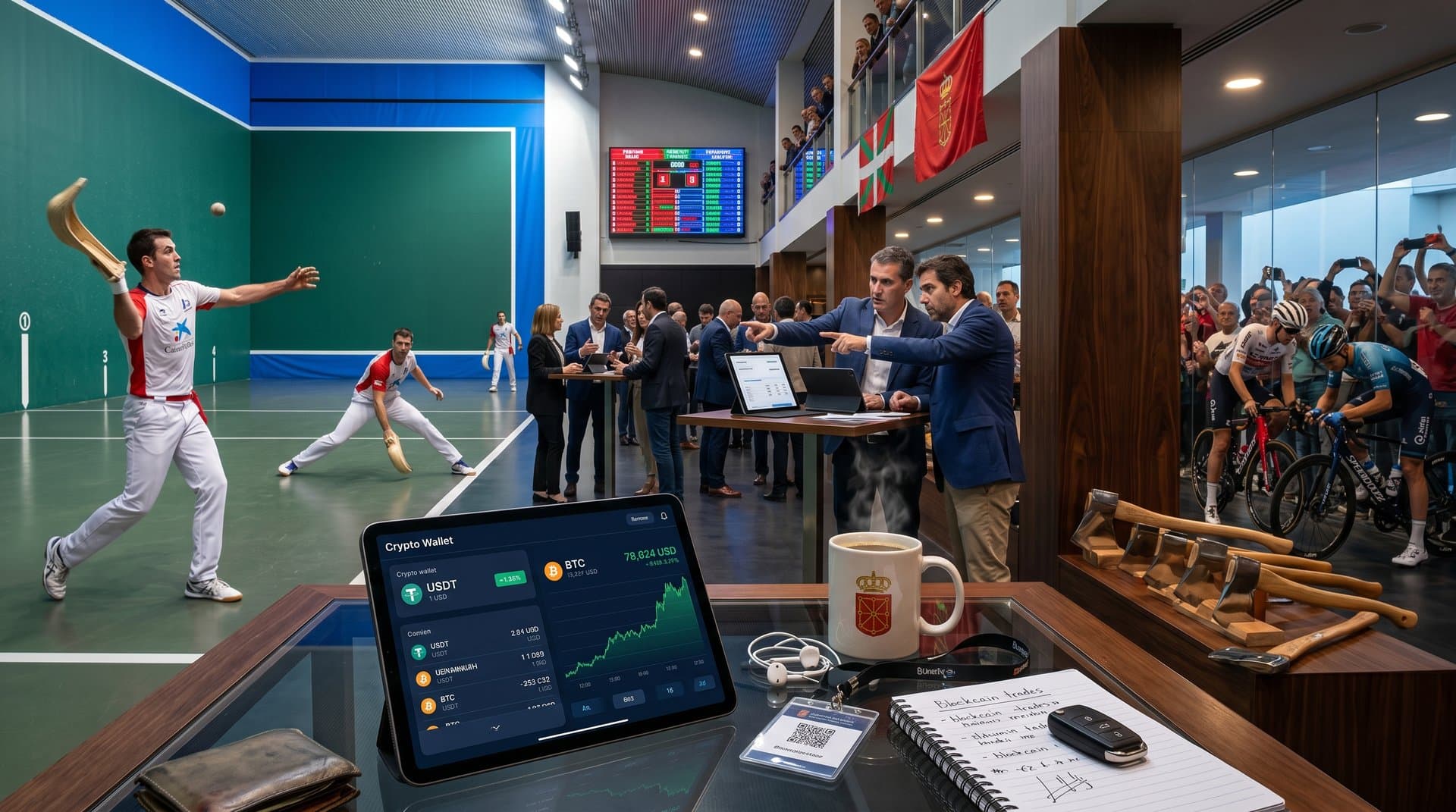 Frontón pelota vasca Pamplona con pelotaris, wallets crypto USDT y gráficos BTC en tablets, exportadores navarros innovando