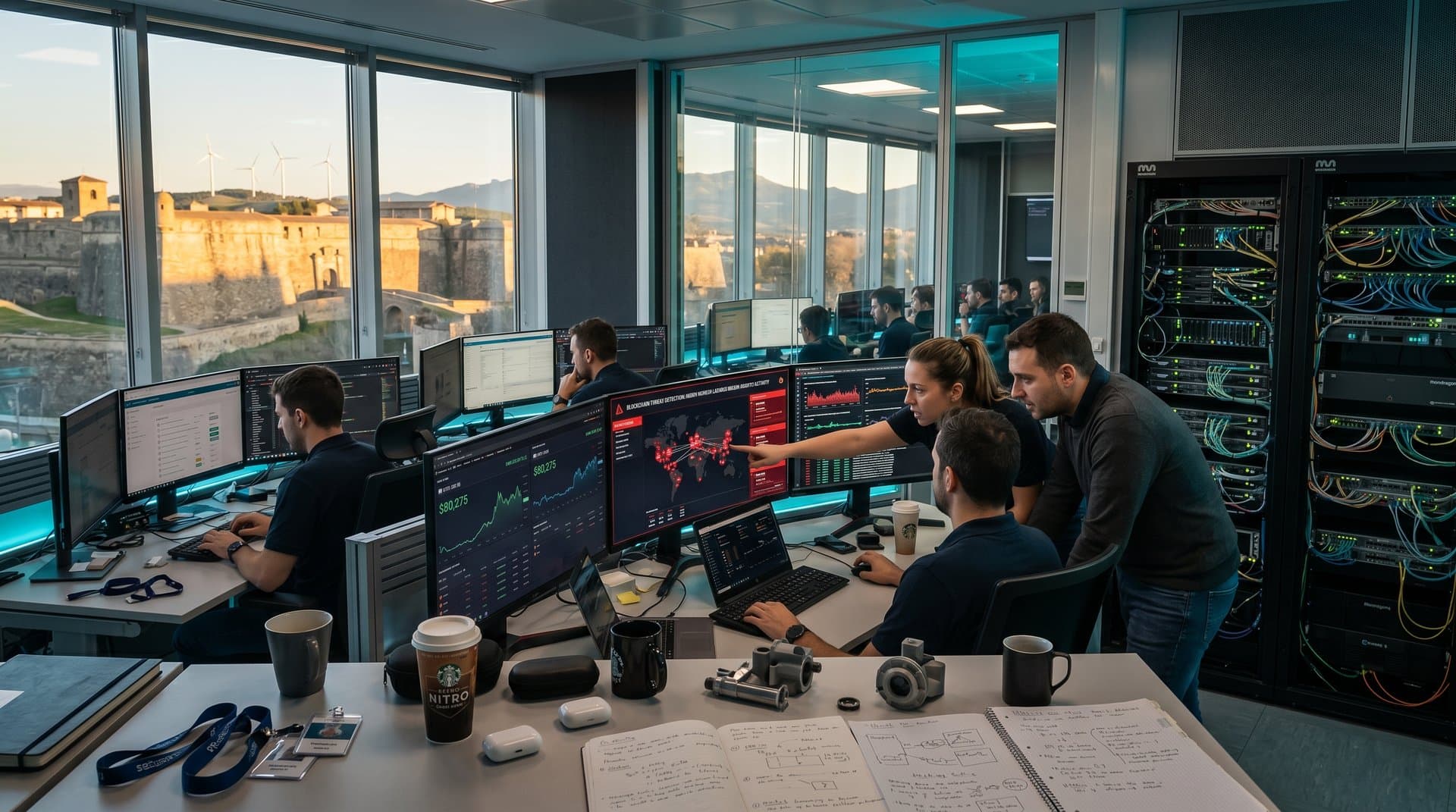 Centro ciberseguridad Pamplona con alertas hacks cripto Corea del Norte y gráficos blockchain