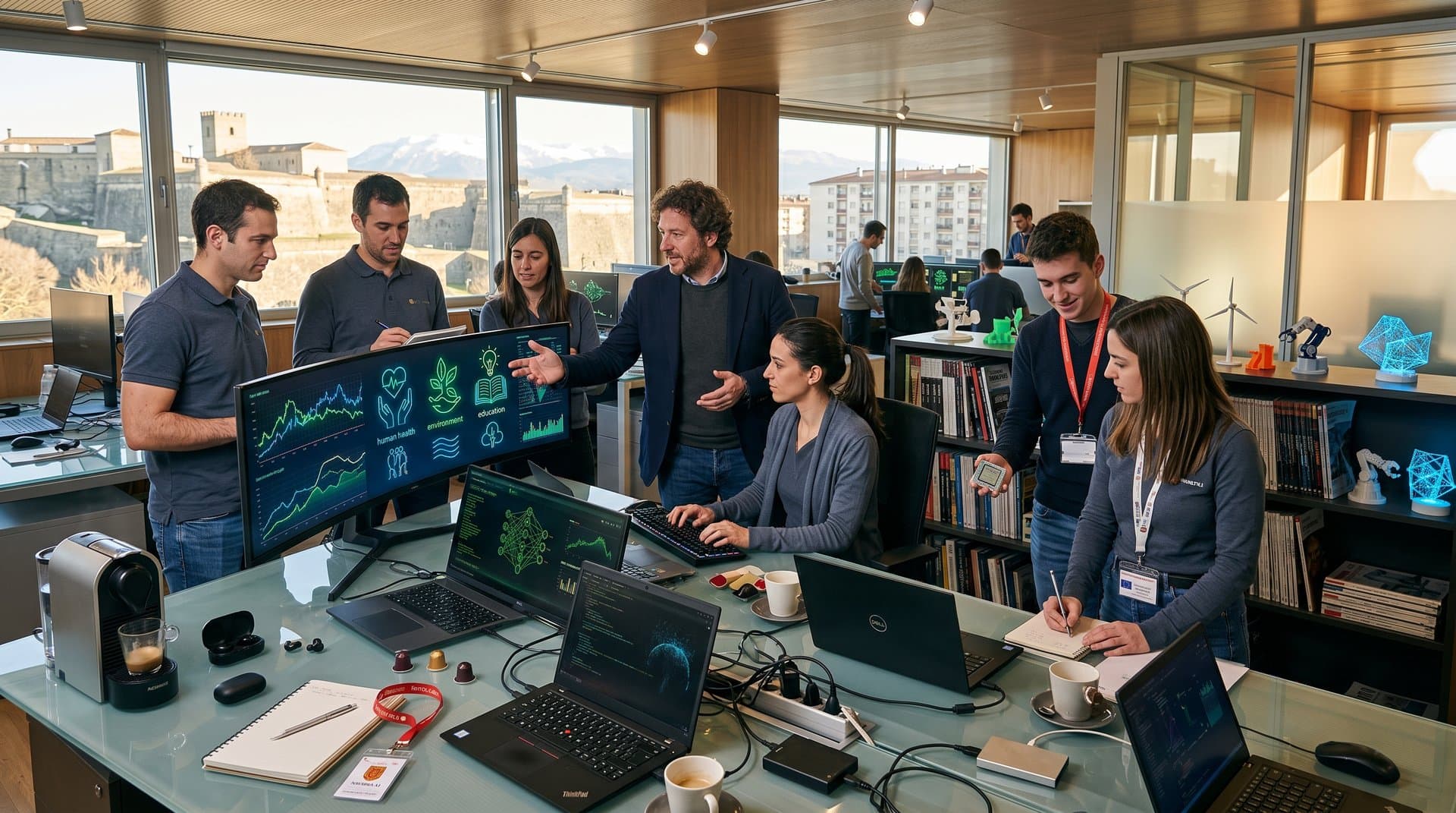 Laboratorio IA en Pamplona con ingenieros colaborando en redes neuronales éticas, vistas a Ciudadela y Sierra de Alaiz, elementos blockchain y forales