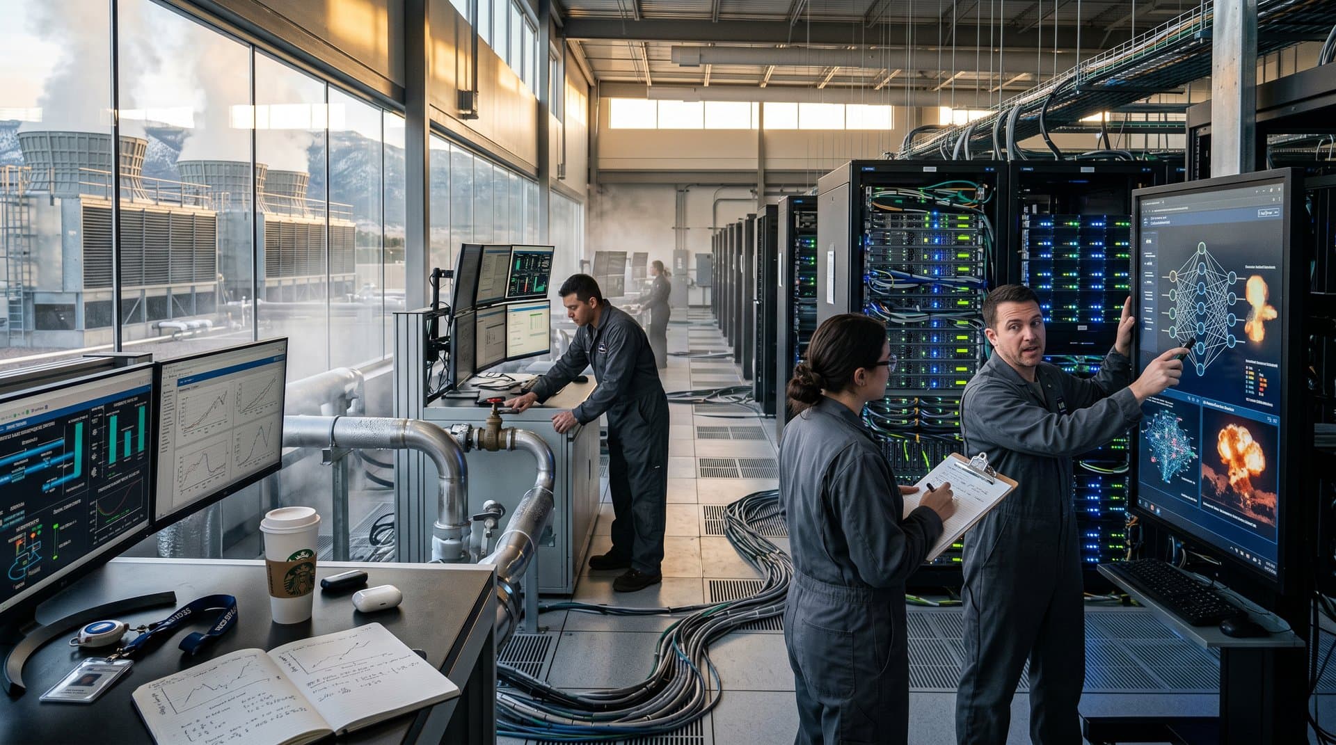 Data center de supercomputadoras con torres de enfriamiento en laboratorio nacional, impacto hídrico de IA