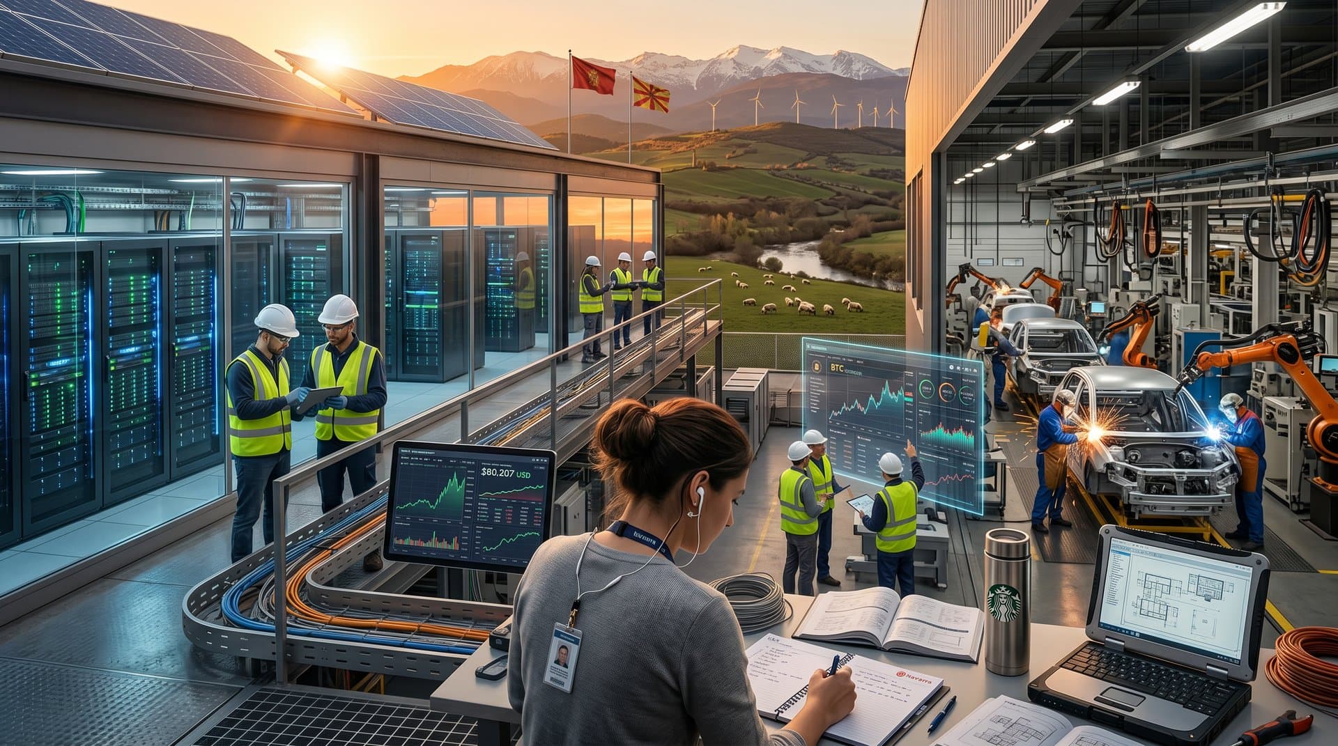 Turbinas eólicas y data center en Navarra con ingenieros analizando IA junto a fábrica Volkswagen bajo Pirineos