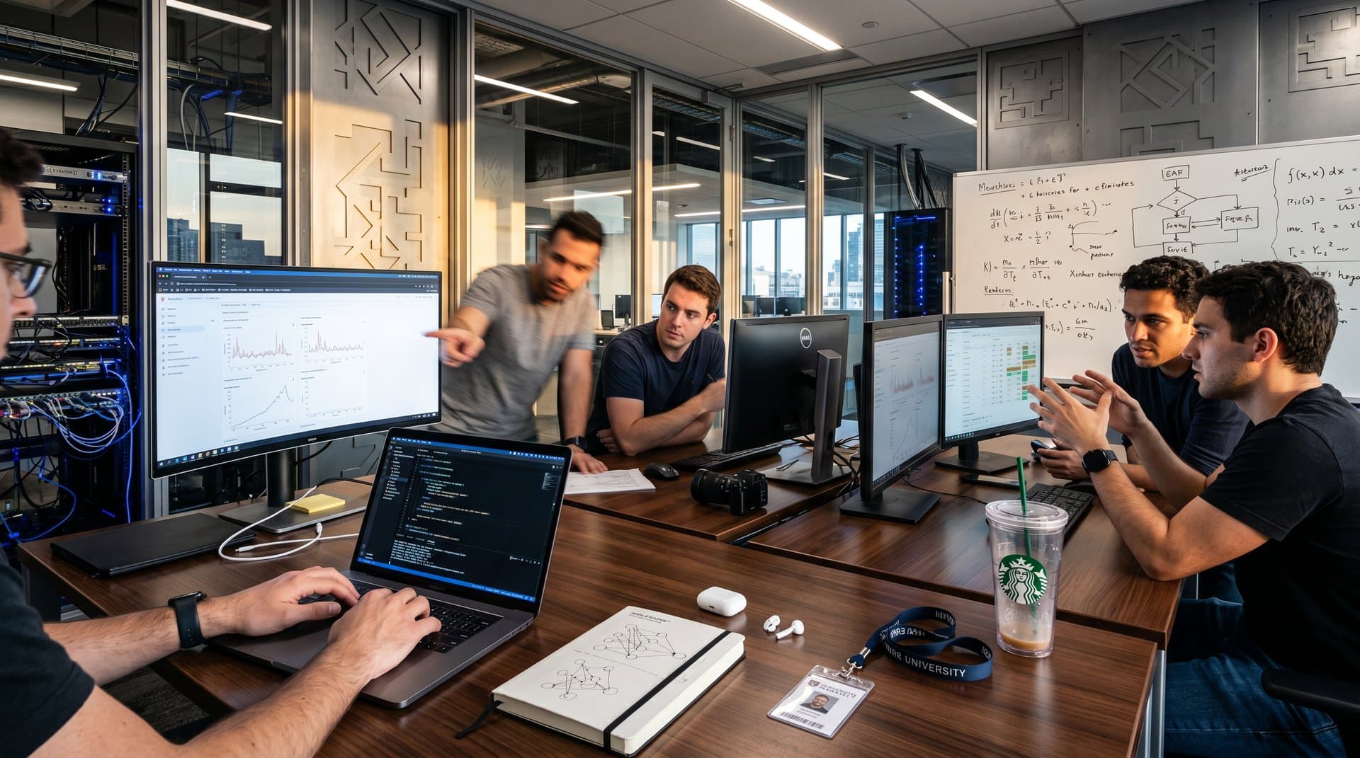 Laboratorio moderno IA con código Python, visuales neuronales y servidores NVIDIA en entorno tech navarro
