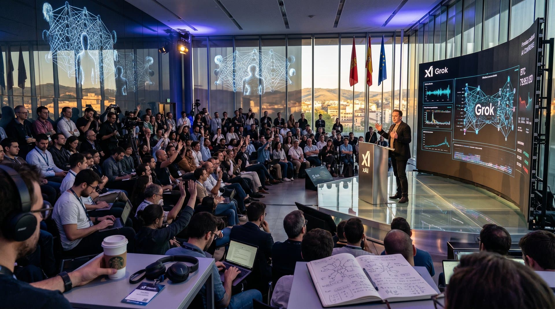 Auditorio Pamplona con proyecciones IA xAI y siluetas humanas en Cumbre Elon Musk Navarra