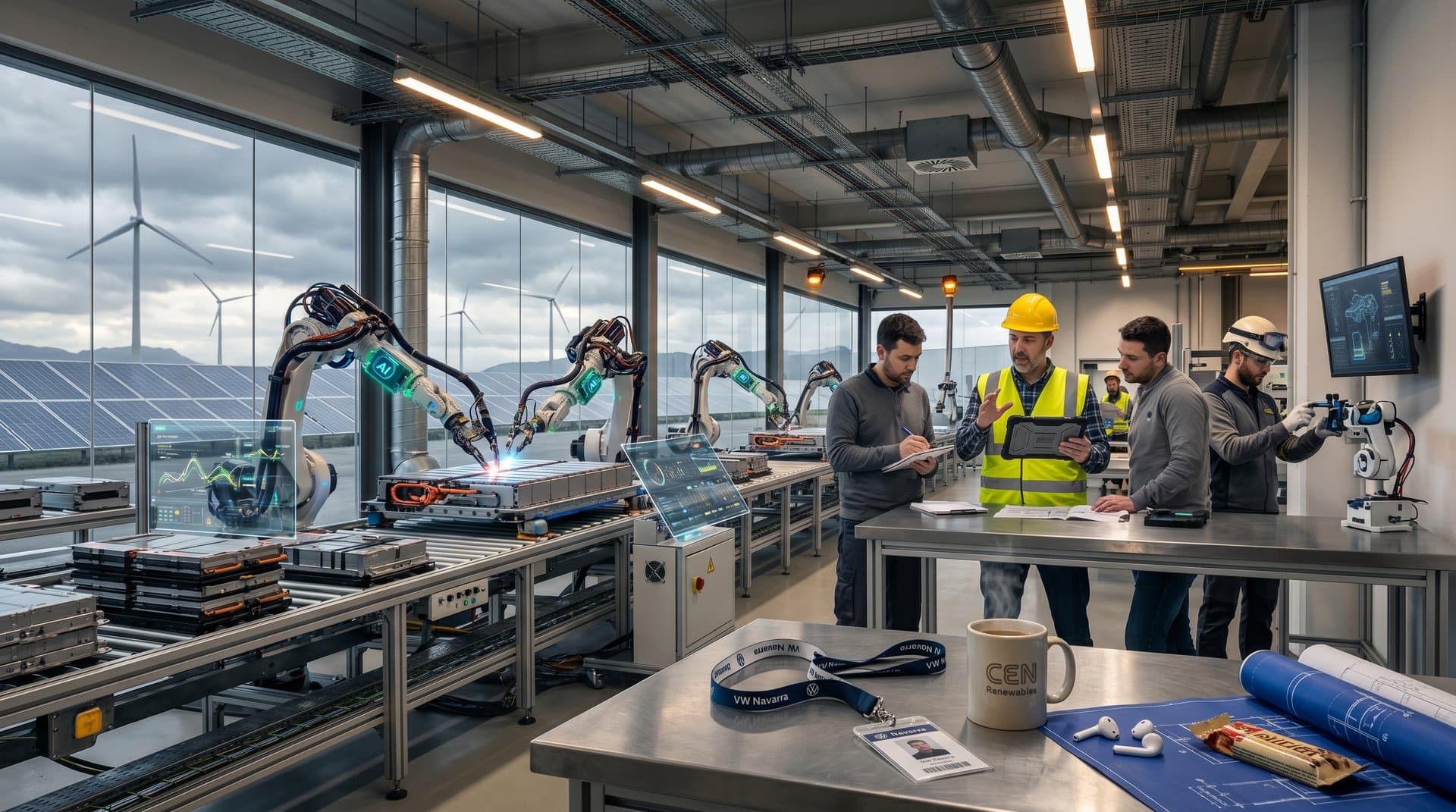 Fábrica automoción Navarra con IA en líneas robóticas, turbinas eólicas y dashboards predictivos