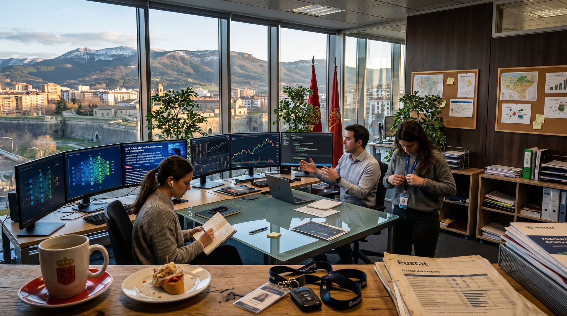 Oficina tech en Pamplona con vistas a Sierra de Alaiz, gráficos IA, Bitcoin y regulaciones EU AI Act