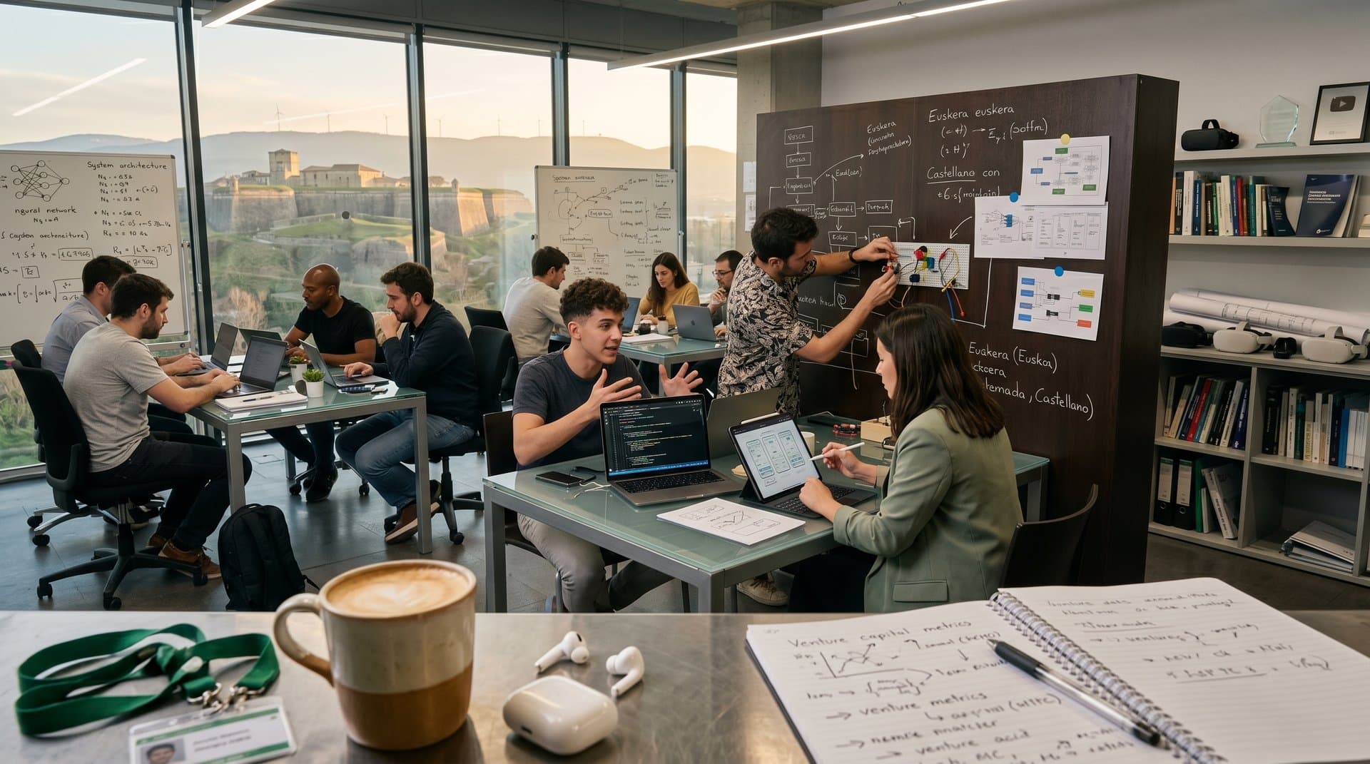 Hub startups Pamplona con emprendedores revisando IA y fintech ante vistas a Ciudadela y molinos eólicos