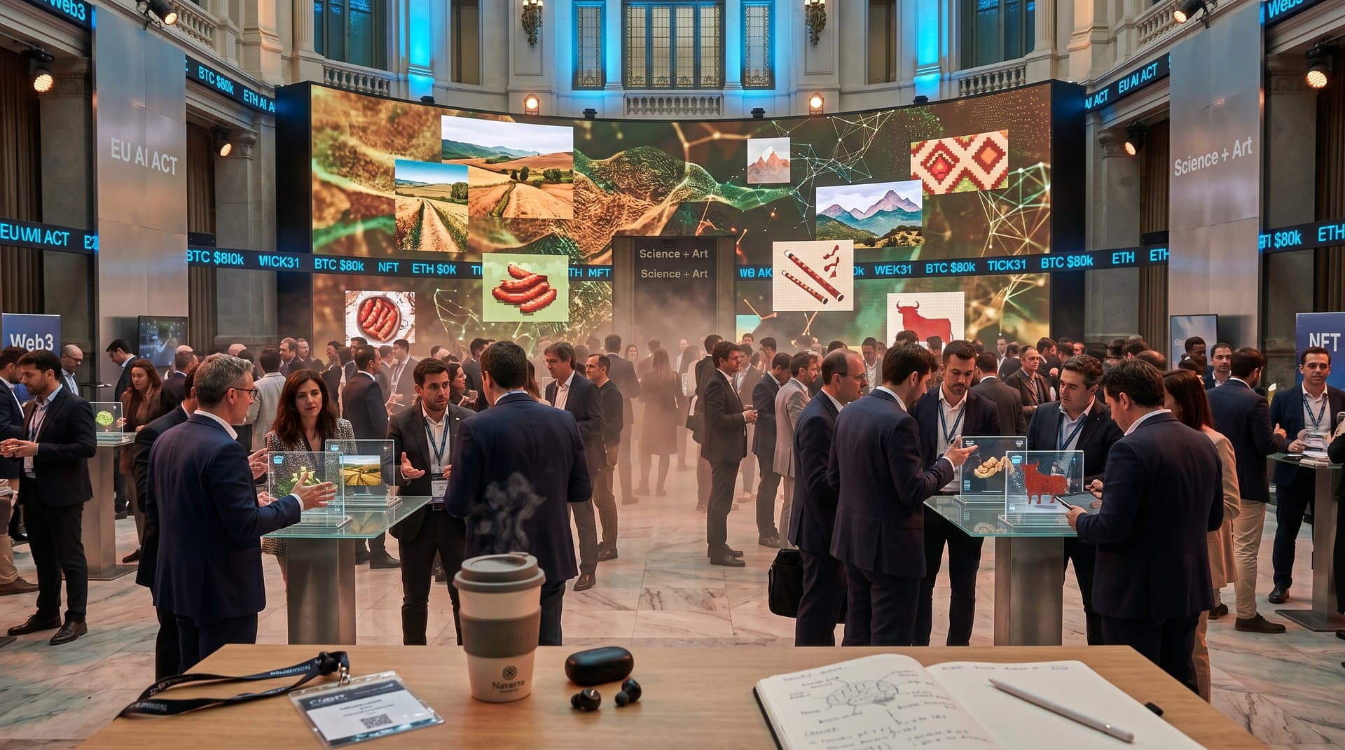 Arte IA generativo de paisajes navarros y gráficos blockchain en el Palacio de Cibeles durante CÚBIT Science + Art