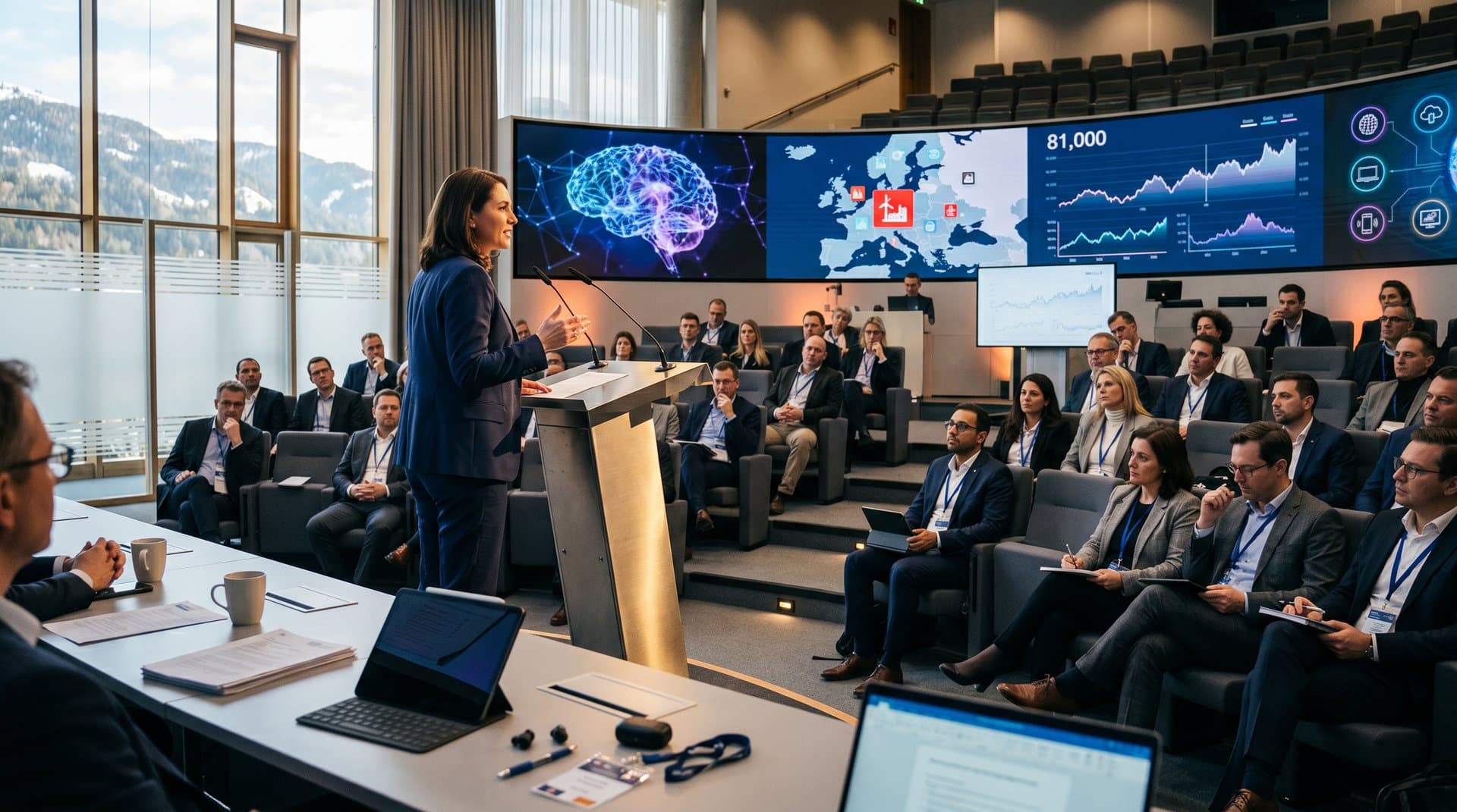 Auditorio WEF Davos con podio IA, delegados anónimos, pantallas redes neuronales y mesas madera en ambiente profesional