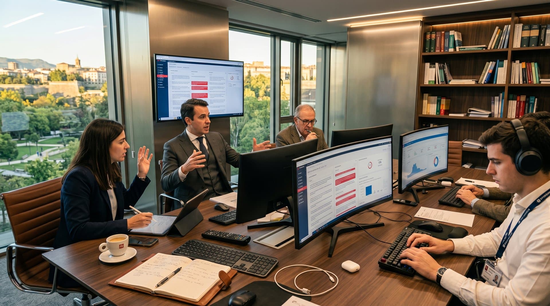 Abogados en sala de conferencias premium en Pamplona analizan contratos con IA en monitores grandes y terminales Bloomberg
