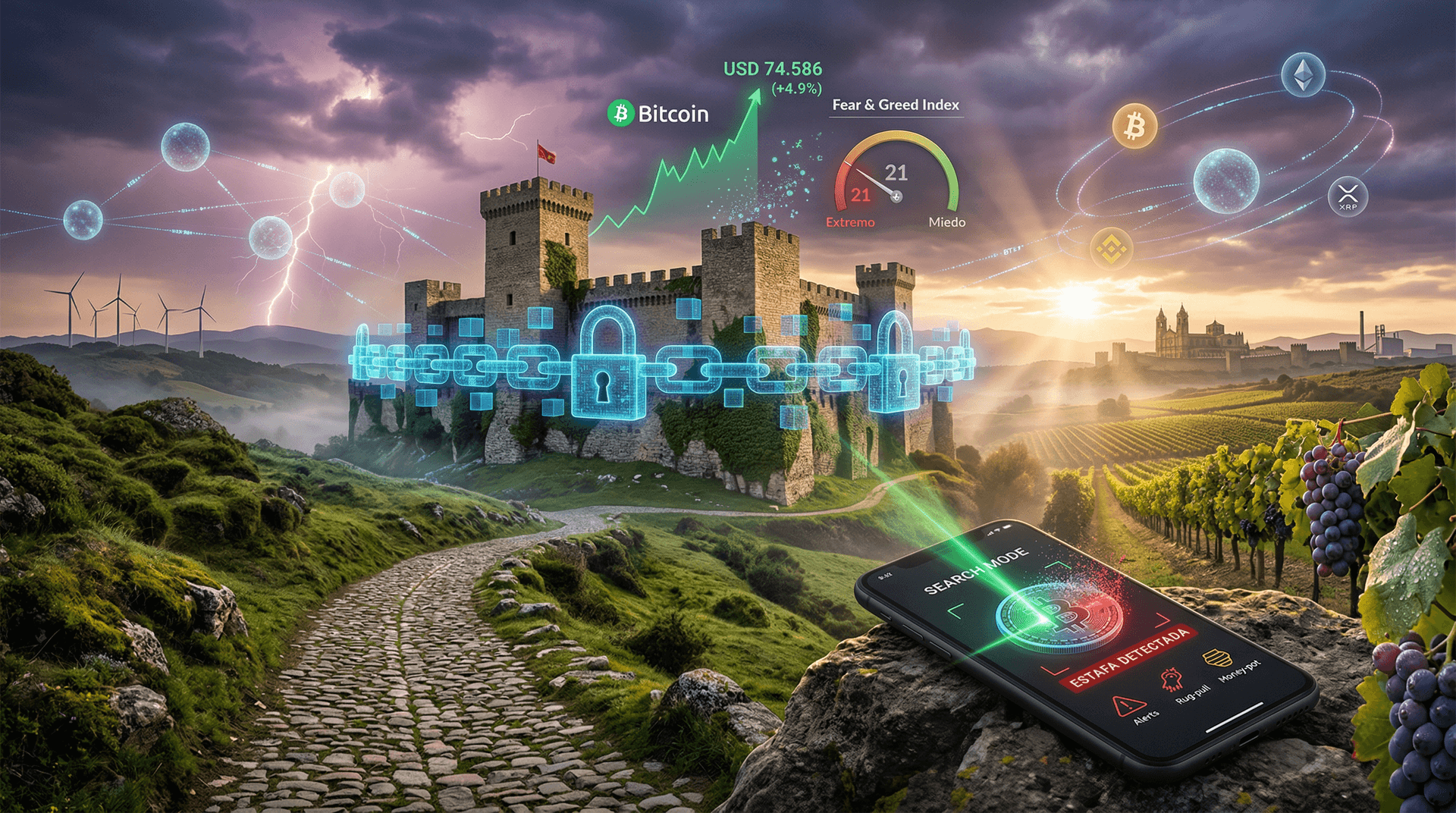 Futurionex detección estafas cripto: BTC sube 4,9% a 74.586 USD en Fear 21