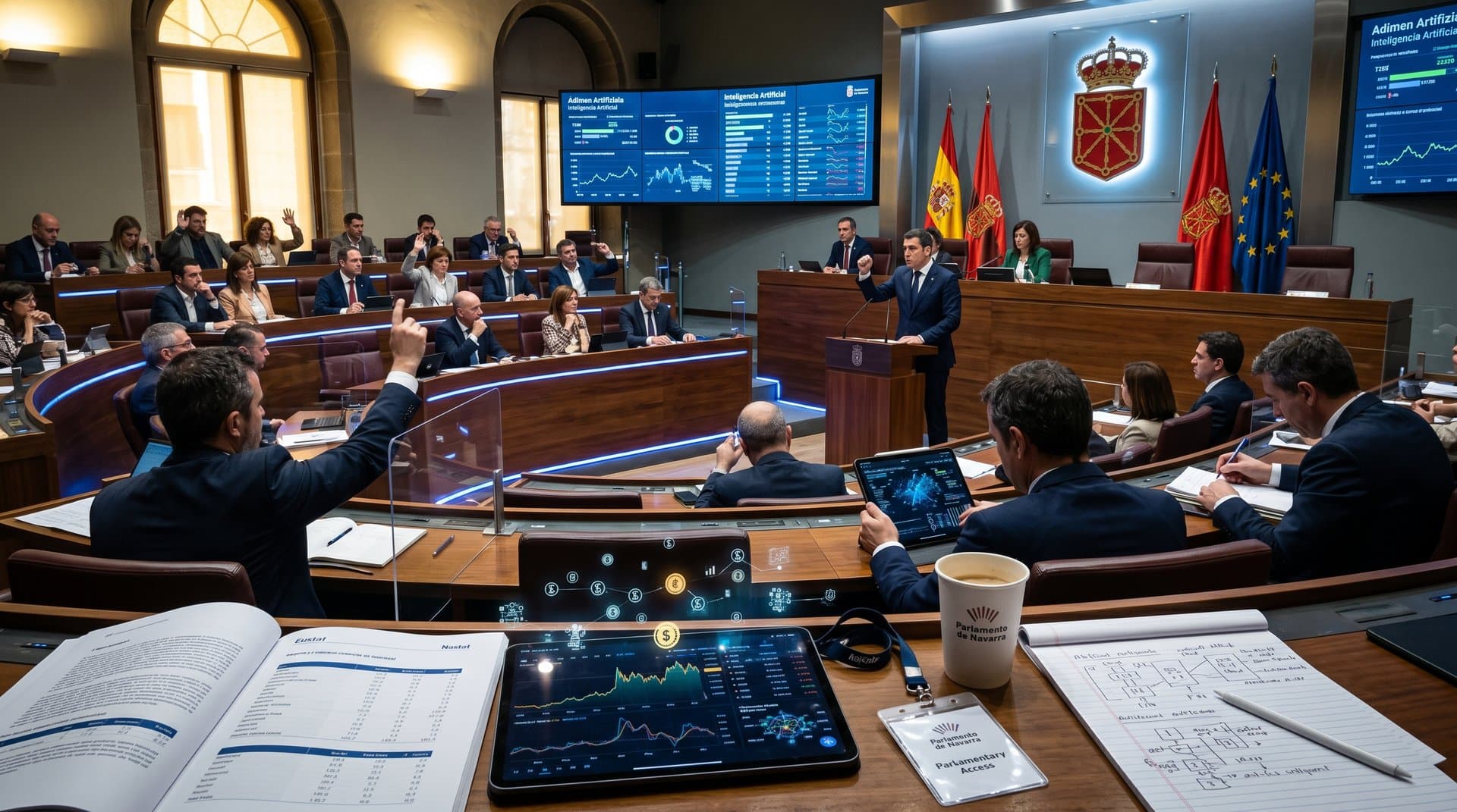 Debate regulación IA en Parlamento de Navarra con elementos tecnológicos y forales