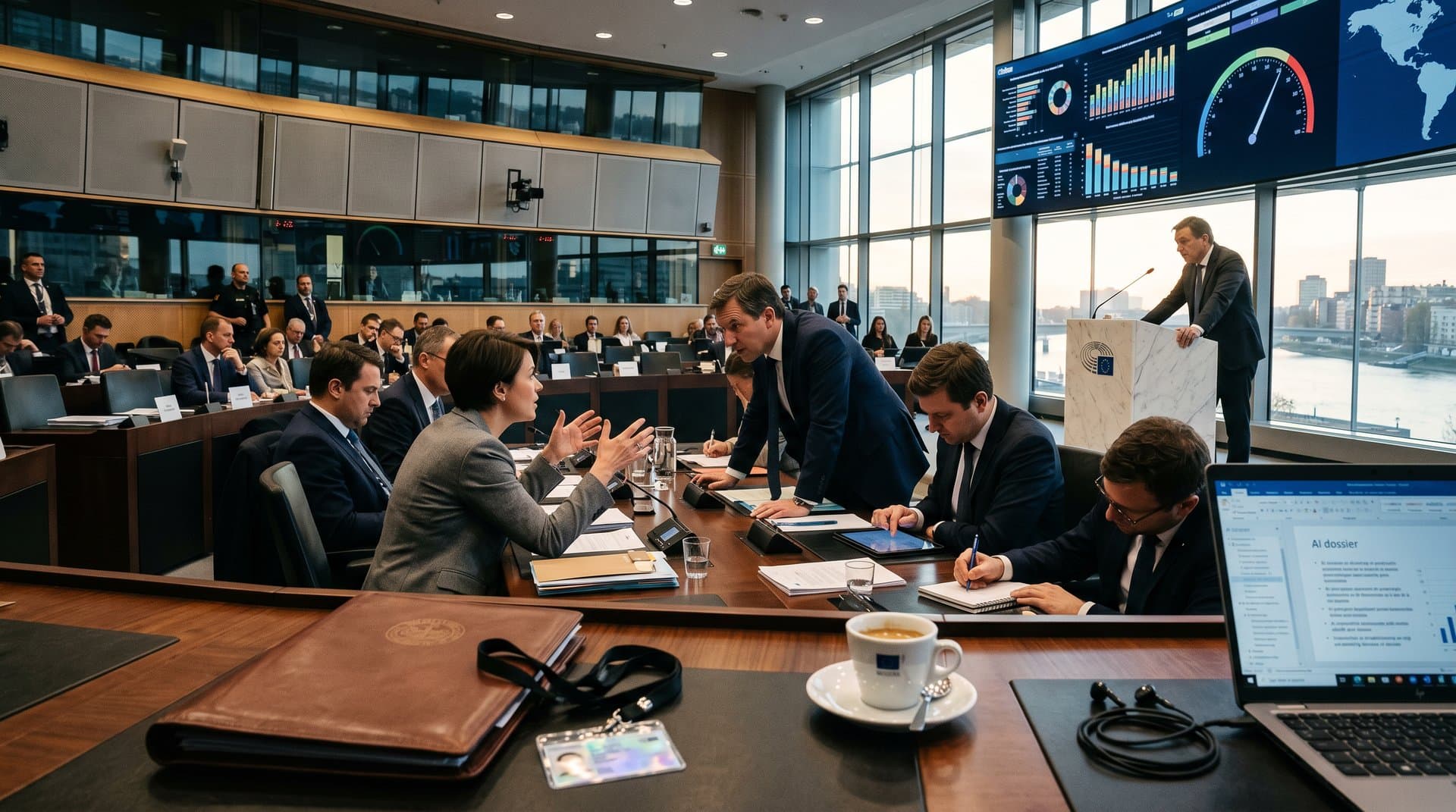 Sala Parlamento Europeo con documentos ley IA, gráficos watermarking y vistas al Rin