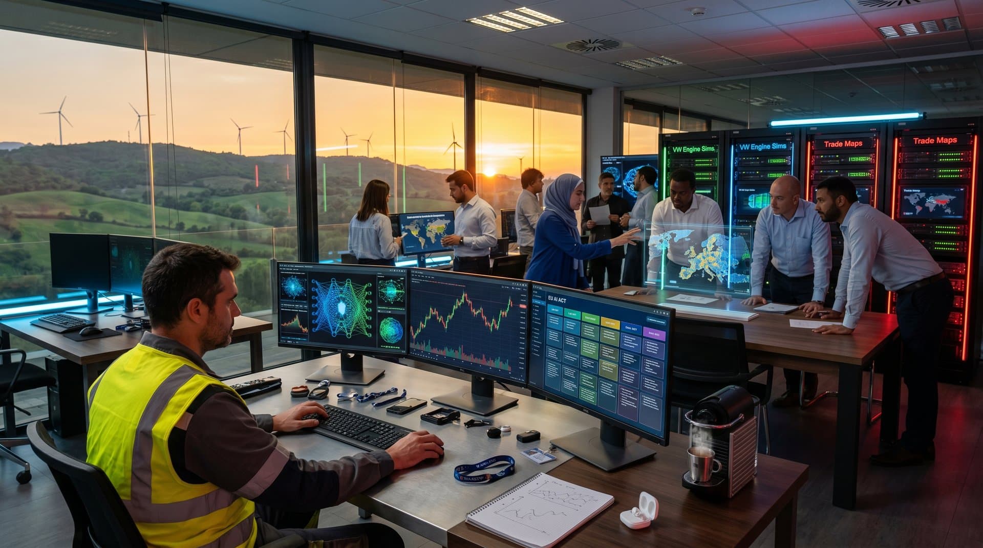 Lab IA en Pamplona con vistas eólicas, pantallas cripto y regulaciones EU, ingenieros analizan datos tech navarros