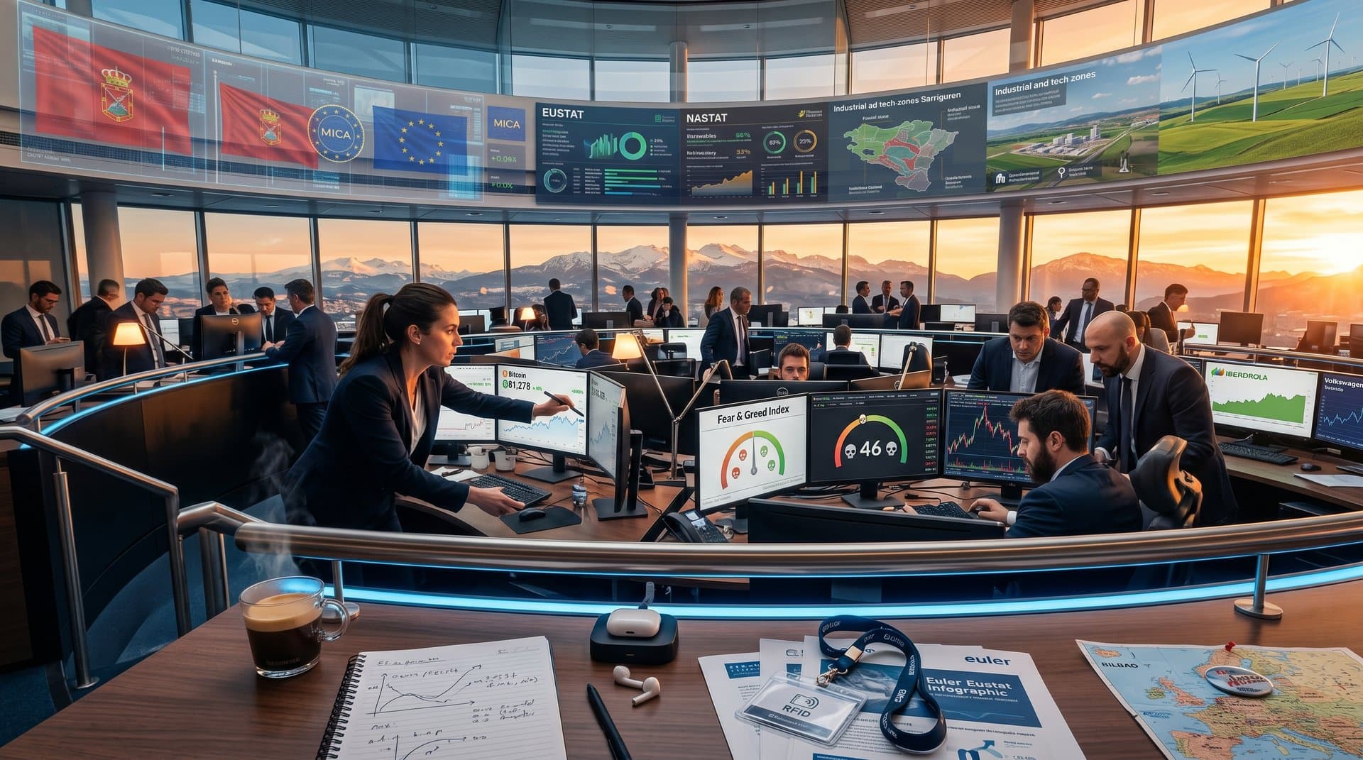 Gráficos de Hyperliquid criptomoneda, BTC y acciones vascas en sala trading navarra con vistas Pirineos