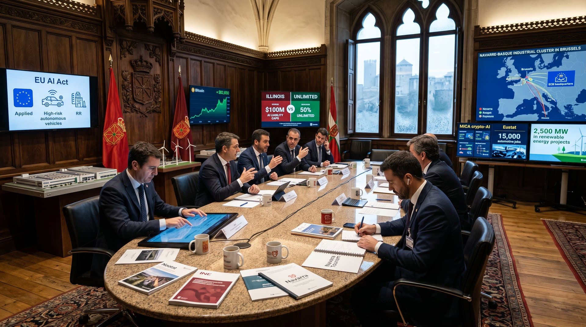 Sala del Parlamento de Navarra con pantallas AI Act, datos cripto Bitcoin y informes IA liability sobre mesas modernas