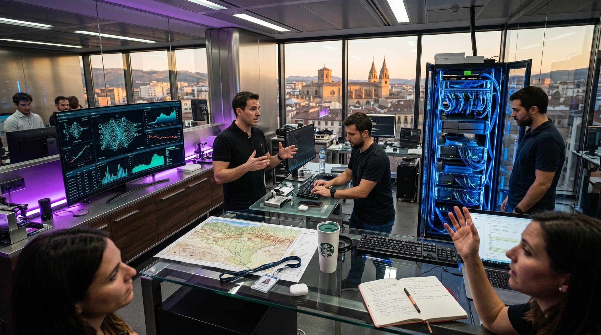 Laboratorio high-tech de IA en Navarra con monitores, servidores y vistas a Pamplona en estilo futurista
