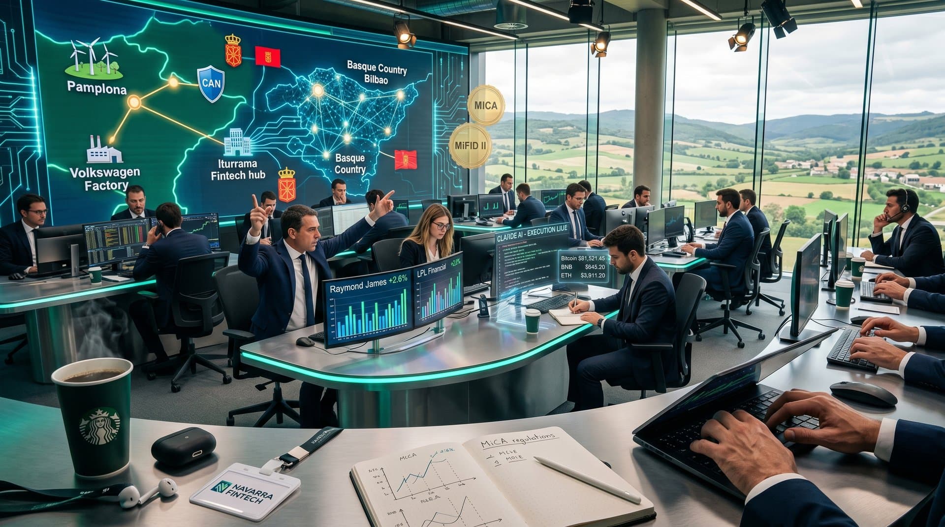 Dashboard IA con gráficos financieros, mapa Navarra y elementos high-tech forales