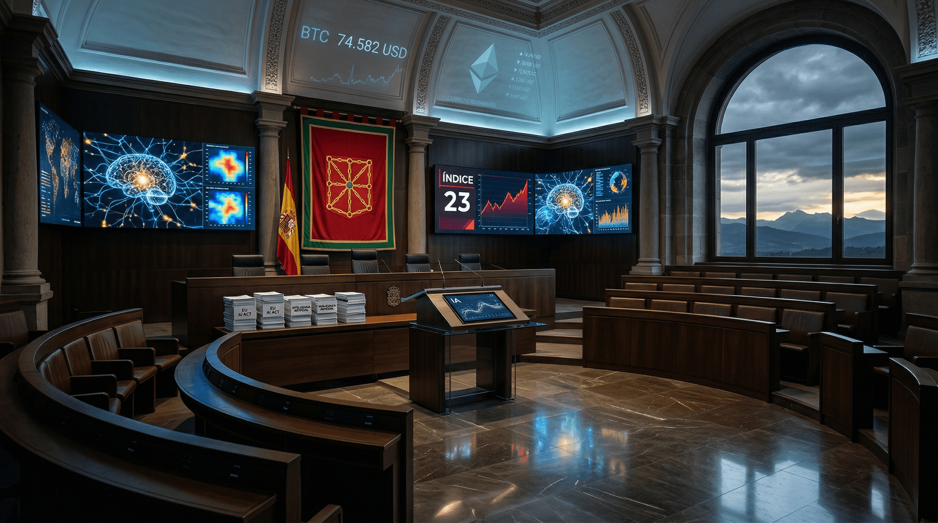 Regulación IA Navarra: Miedo Codicia cae a 23 con BTC en 74.582 USD