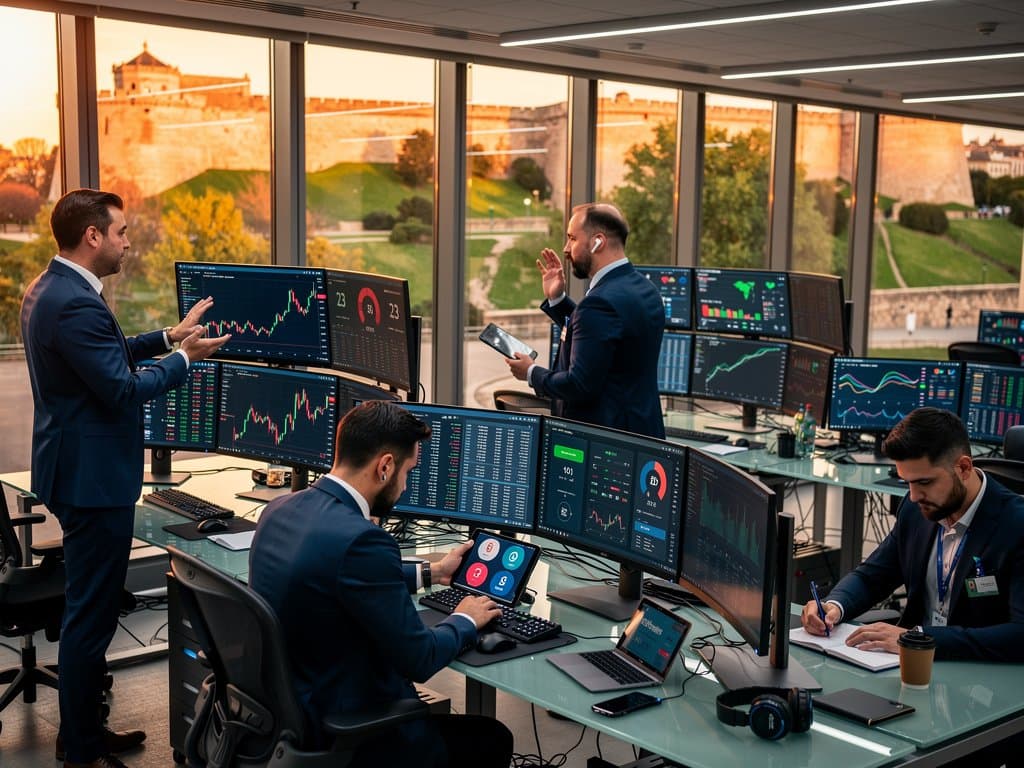 Gráficos de criptomonedas en oficina moderna de Pamplona con índices Fear & Greed 23 y renovables navarras