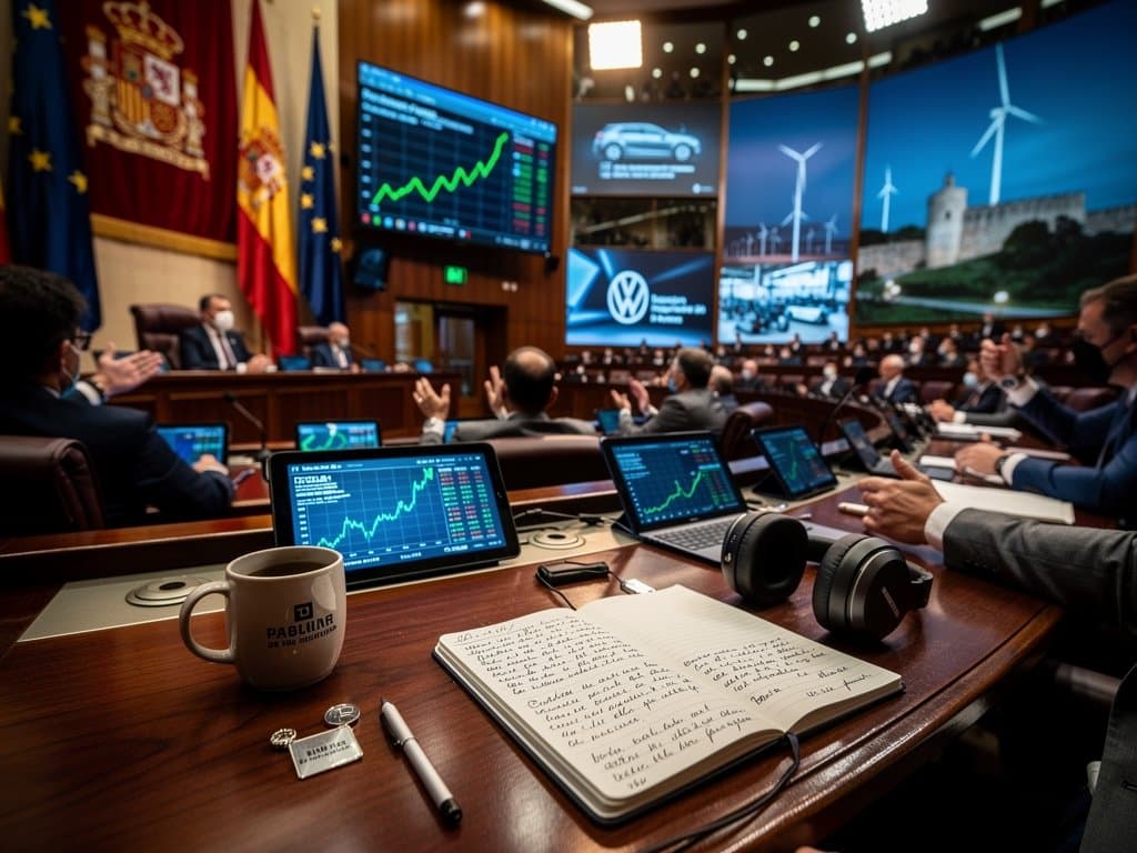Parlamentarios navarros debaten regulación IA en hemiciclo de Pamplona con gráficos tech, cripto y banderas forales